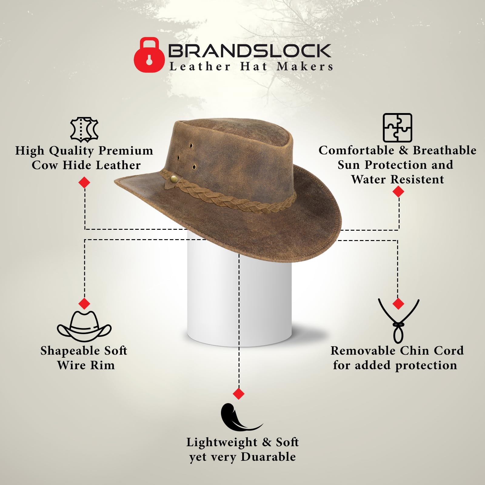 Pamposh Sombrero de vaquero de cuero para hombres y mujeres, hecho a mano, ligero, moldeable, duradero, de ala ancha, sombrero de vaquera, Marrón-01, L