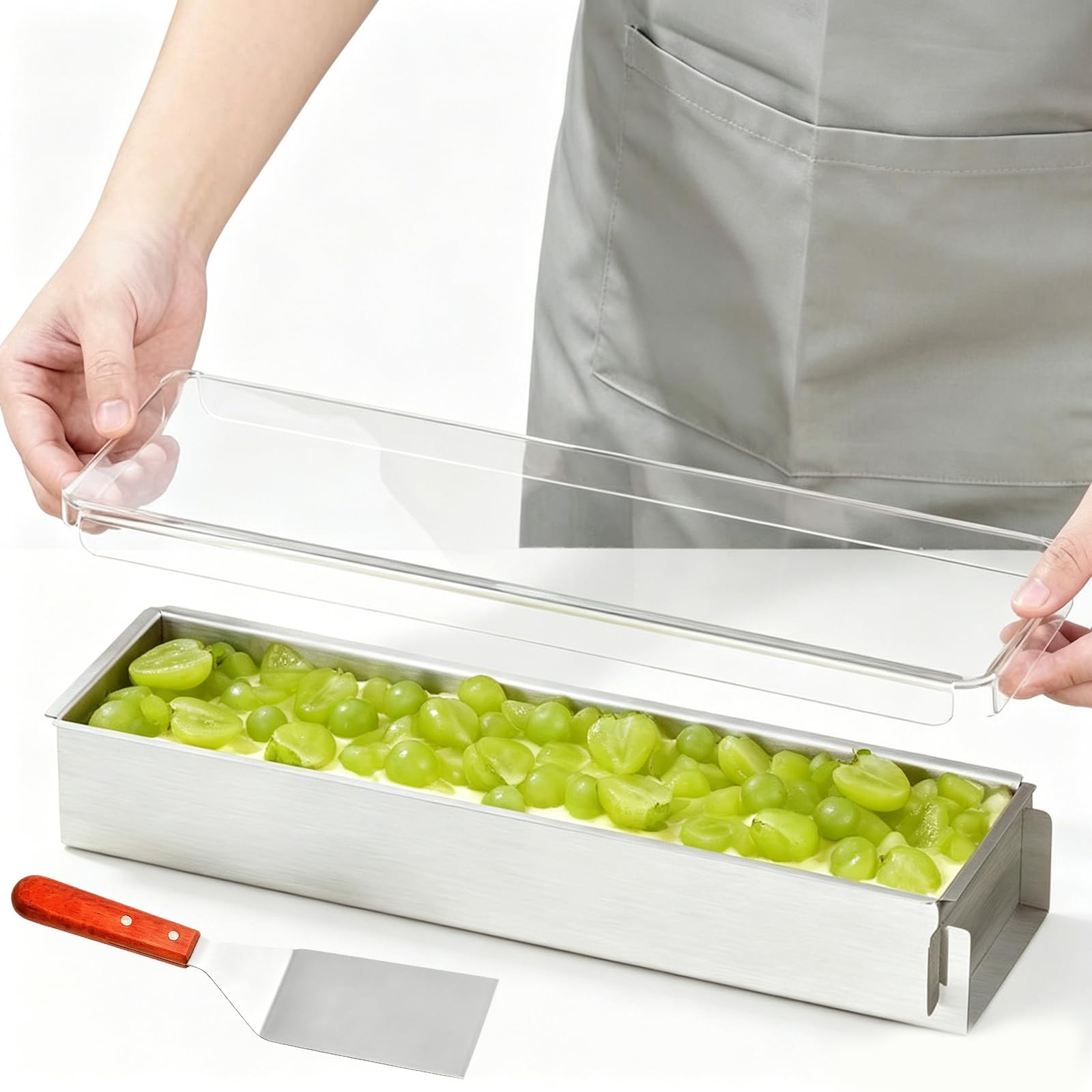 Moule à tiramisu en acier inoxydable - Sans BPA - Réglable - Avec côtés amovibles et pelle - Rectangulaire - Pour gâteaux, brownies, cheesecakes, lasagnes, 40 x 10 x 6 cm
