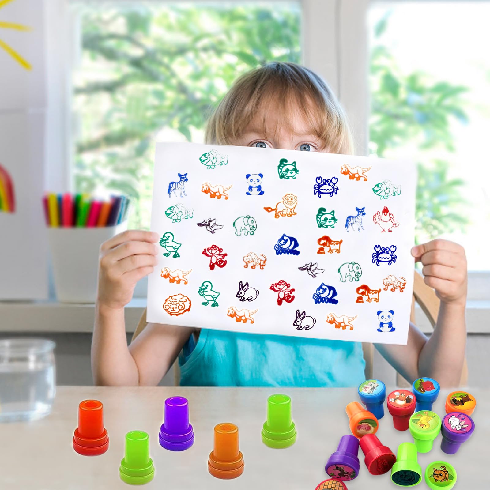 Diompirux 40 Piezas multicolor Juego de Sellos de Animales, Conjunto de Sellos para Infantil, Dibujos Animados Sellos de Tinta para Niños, para obsequios de fiesta, rellenos de bolsas de regalo