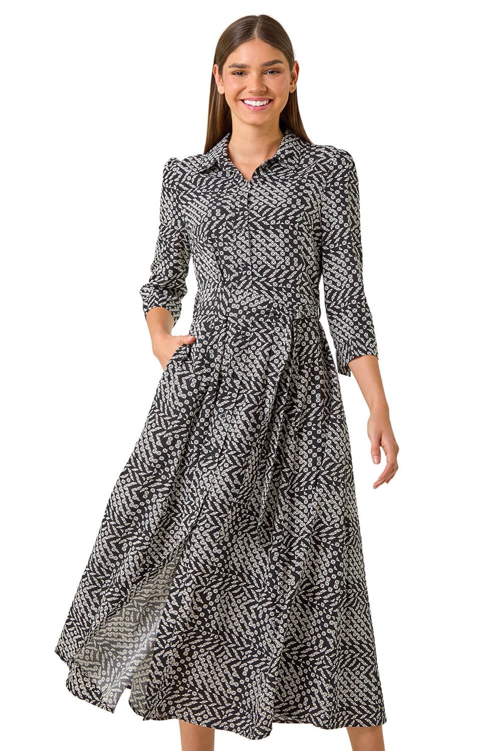 Roman Originals Women's Black Ivory Shirt Dress For Uk- Long Sleeve Belted Collared Midi Maxi Winter Autumn Smart Casual Button Through Evening Office A Line Swing Skater - Size 18