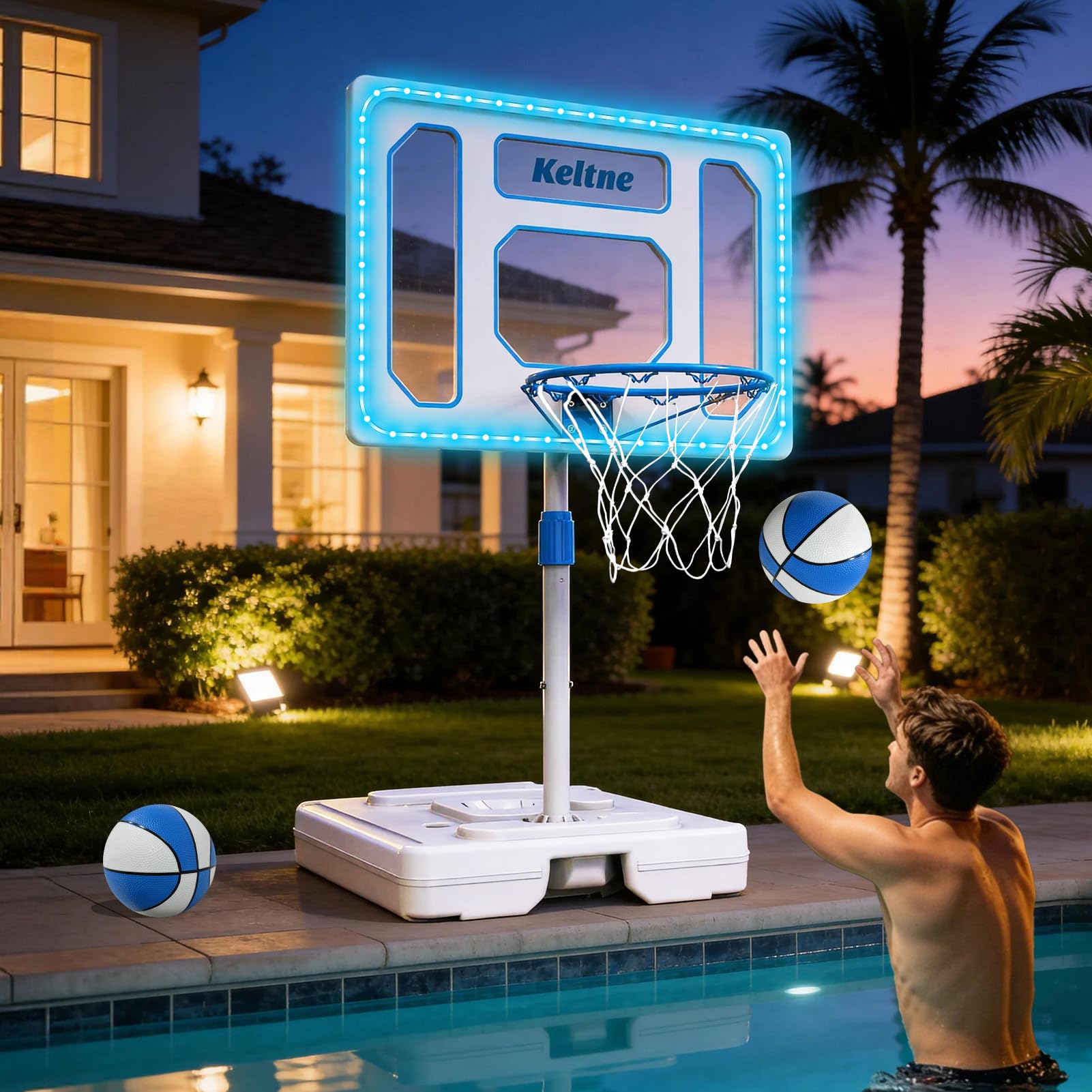 Photo 1 of Bestsci Oversized Pool Basketball Hoop with Super Bright Solar Lights, Poolside Basketball Hoop with 32" Shatterproof Backboard, Height Adjustment Pool Basketball Goal with Stainless Steel Rim,2 Balls
