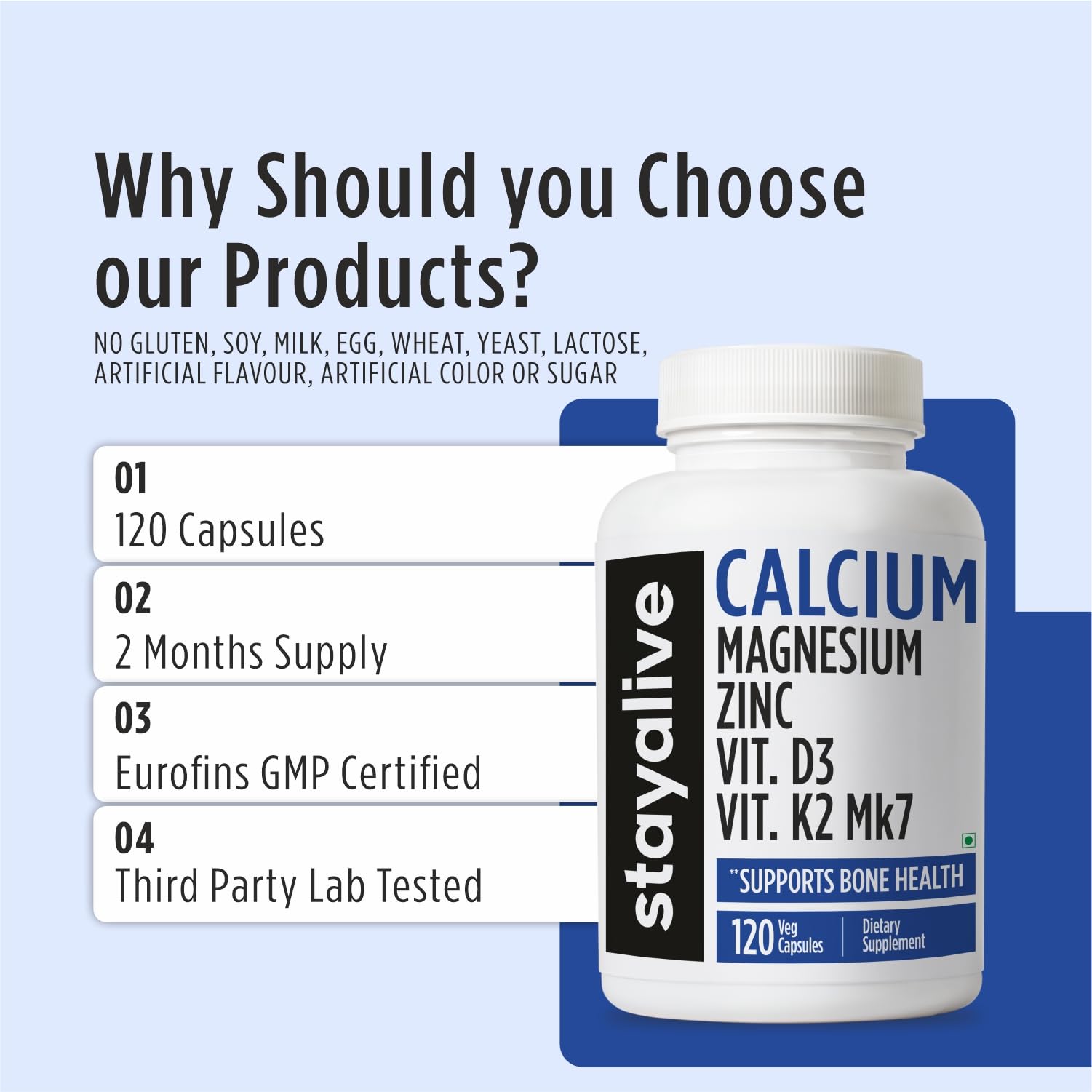 STAY ALIVE Calcium Magnesium Zinc Vitamin D3 K2 | Bone & Joint Health Supplement | Supports Strong Bones & Muscle | 120 Capsules | Non-GMO & Gluten-Free Calcium and Zinc Supplement for Men and Women 3