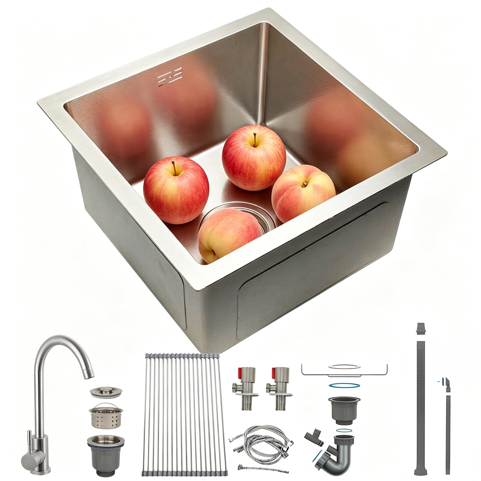 HZKSINNK Stainless Steel Sink, 38 x 38 cm, Single Bowl with Rolling Drying Mat, Brushed Surface, Built-in Sink, Easy Care, Sink for the Kitchen (Silver-#d, 38 x 38 cm)