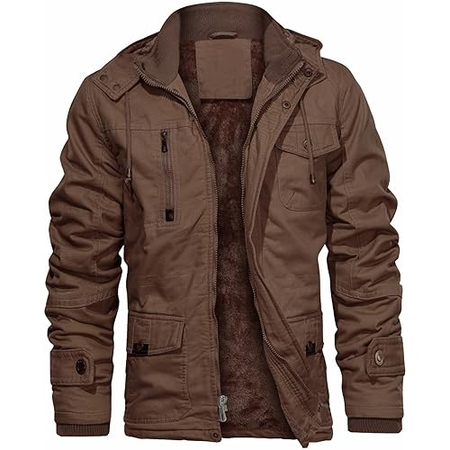 CHEXPEL Men's Thick Winter Jackets with Hood Fleece Lining Cotton Military Jackets Work Coats with Cargo Pockets Outwear