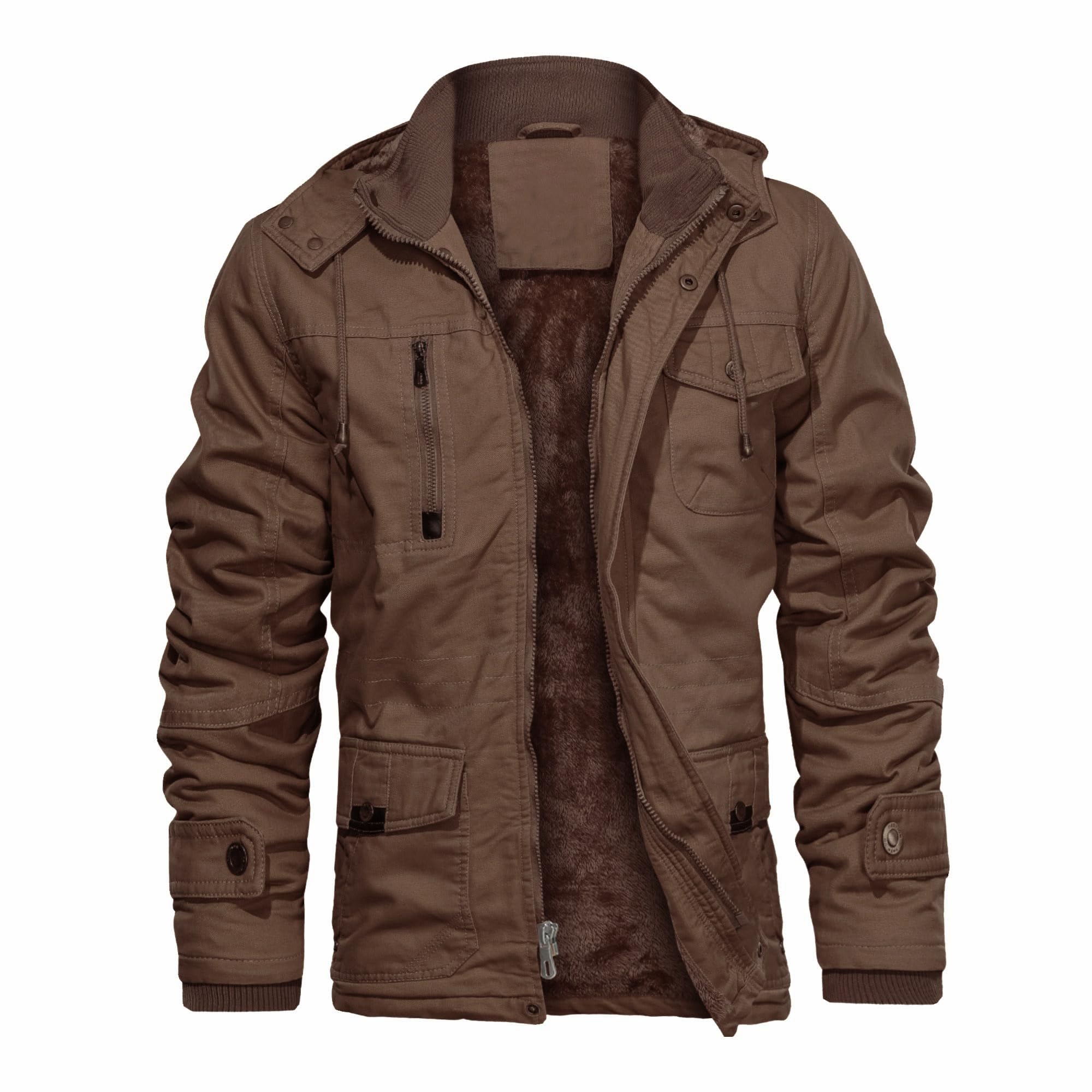 CHEXPEL Mens Thick Winter Jackets with Hood Fleece Lining Cotton Military Jackets Work Coats with Cargo Pockets Outwear