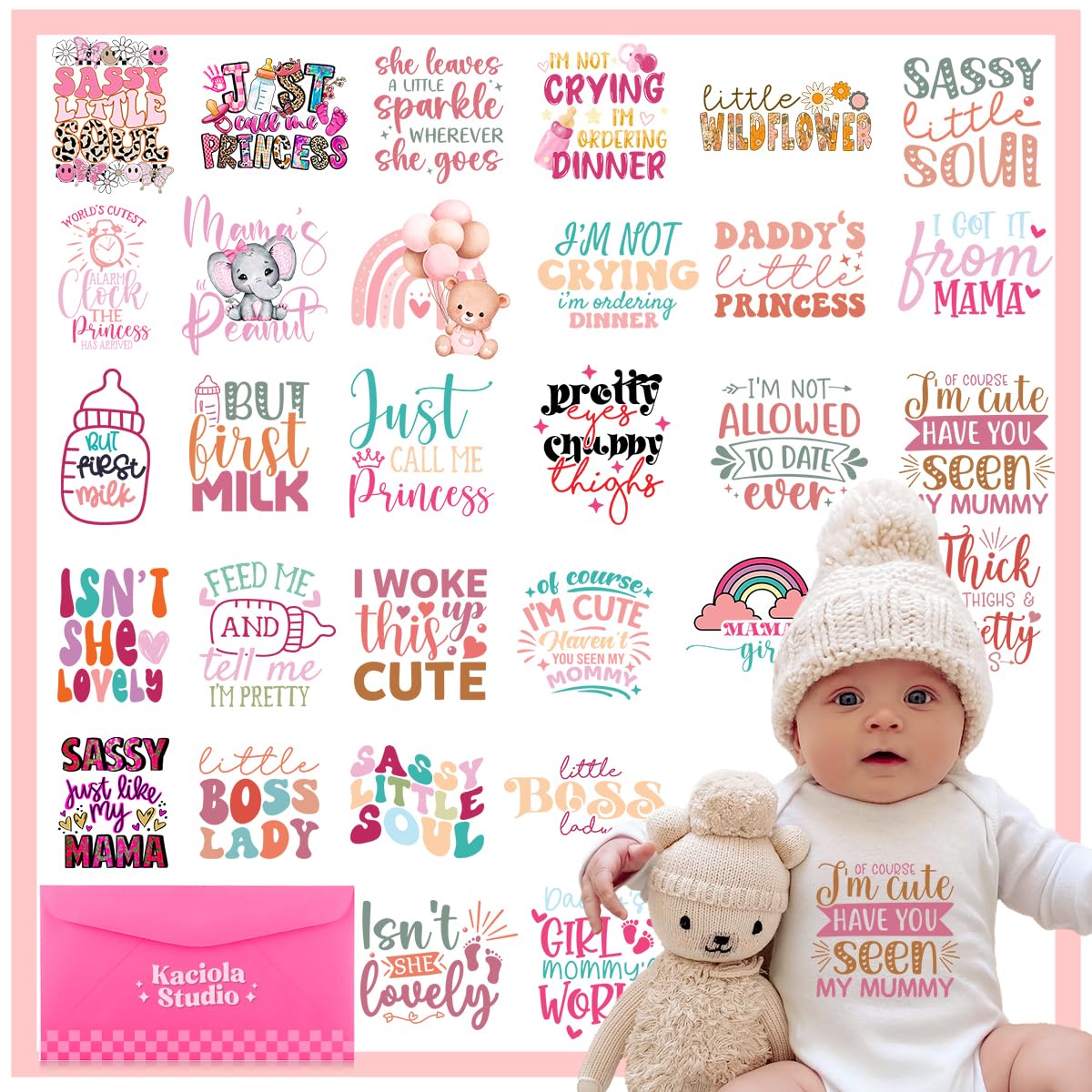 Kaciola 30 Sheets Baby Shower Games Iron on Transfers, Baby Girl DTF Transfers Ready to Press Bodysuit Making Stickers Iron on Decals for T Shirts