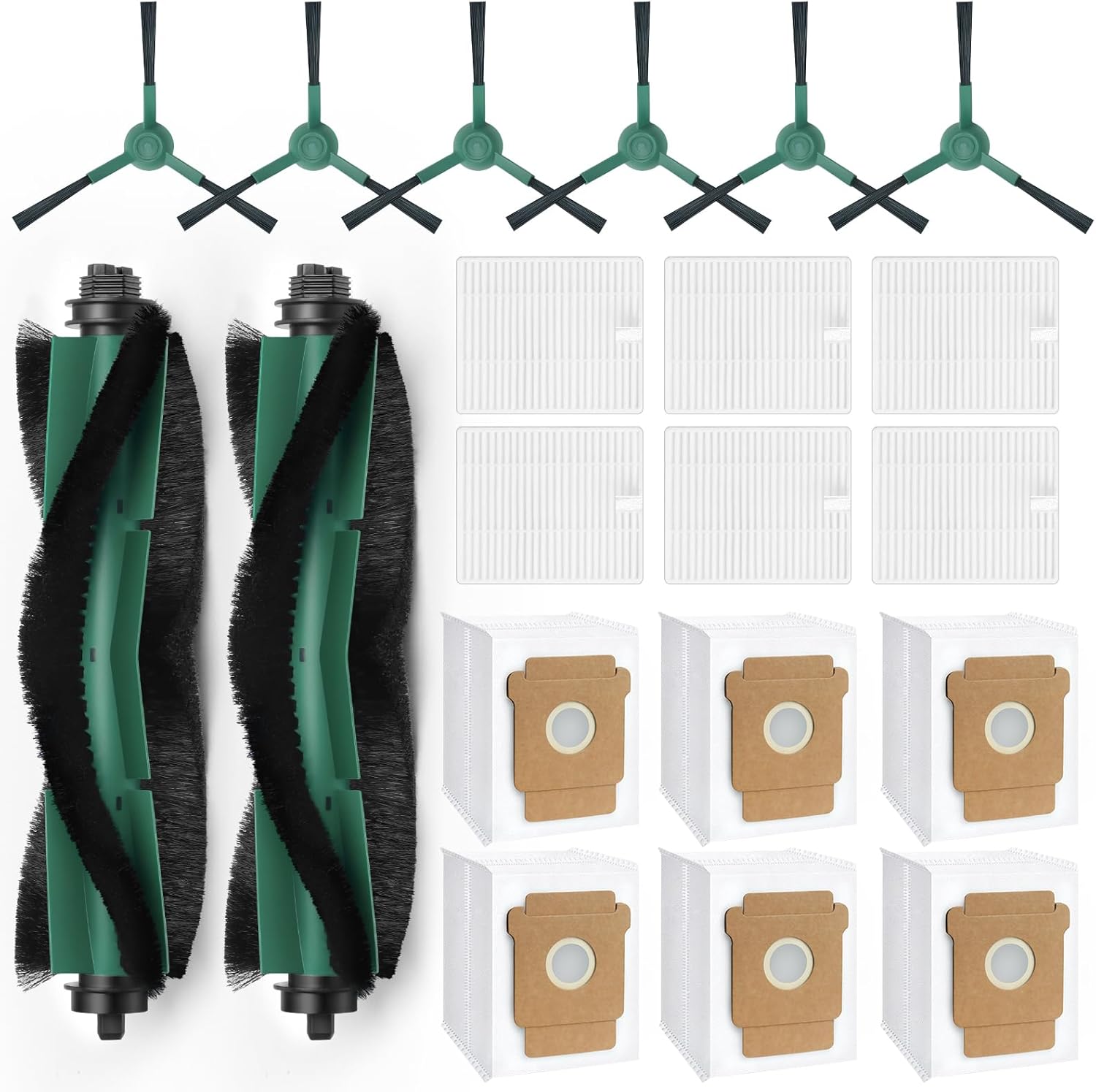 20 Pack Q0520 Replacement Parts for iRobot Roomba Vacuum 2 Essential Robot, Essential Vac 2 Robot 104/Q0520/Q052/105 Vac/105 Combo, 2 Roller Brush, 6 Side Brushes, 6 HEPA Filters, 6 Dust Bags