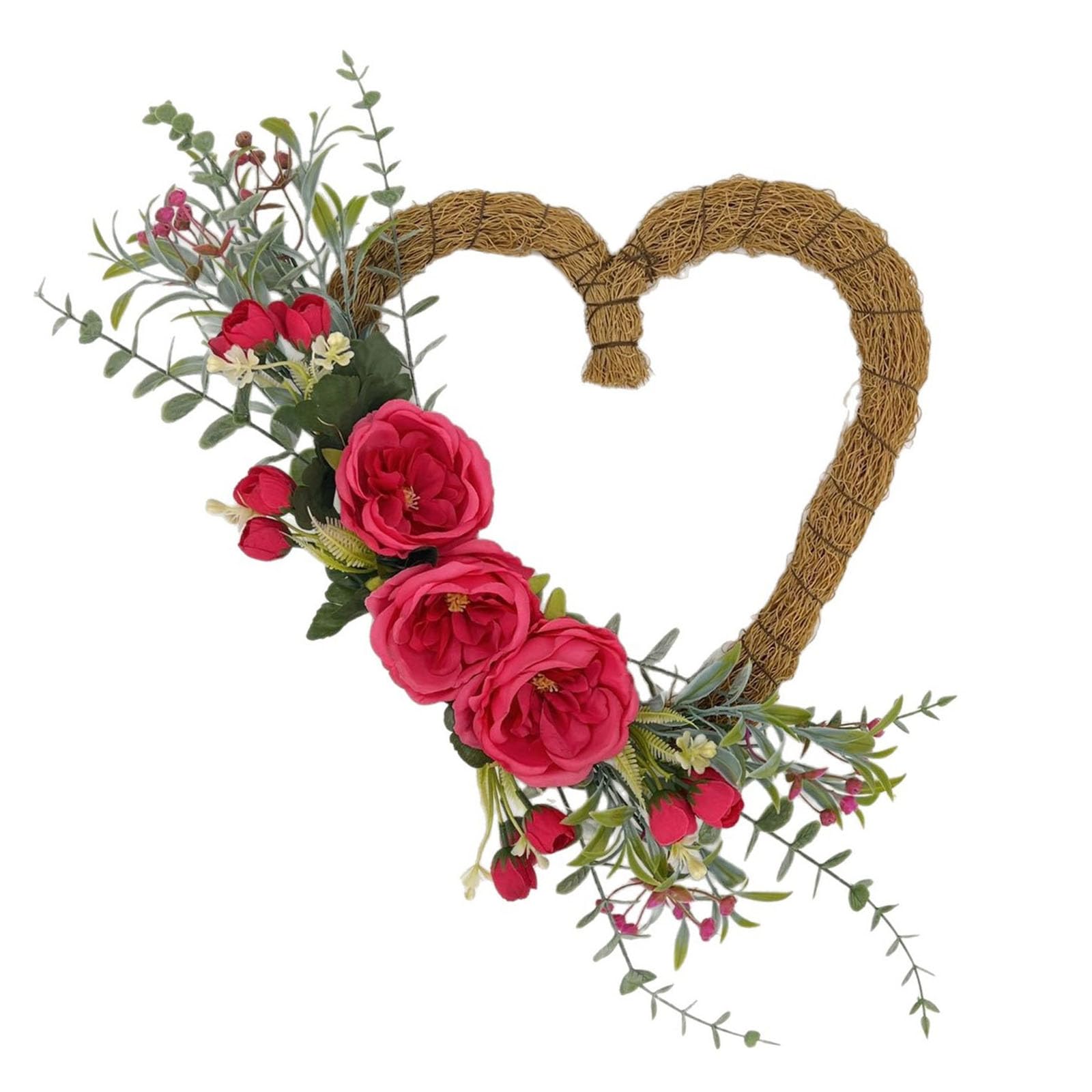 Couronne de fleurs artificielles en cœur pour porte et déco Saint-Valentin