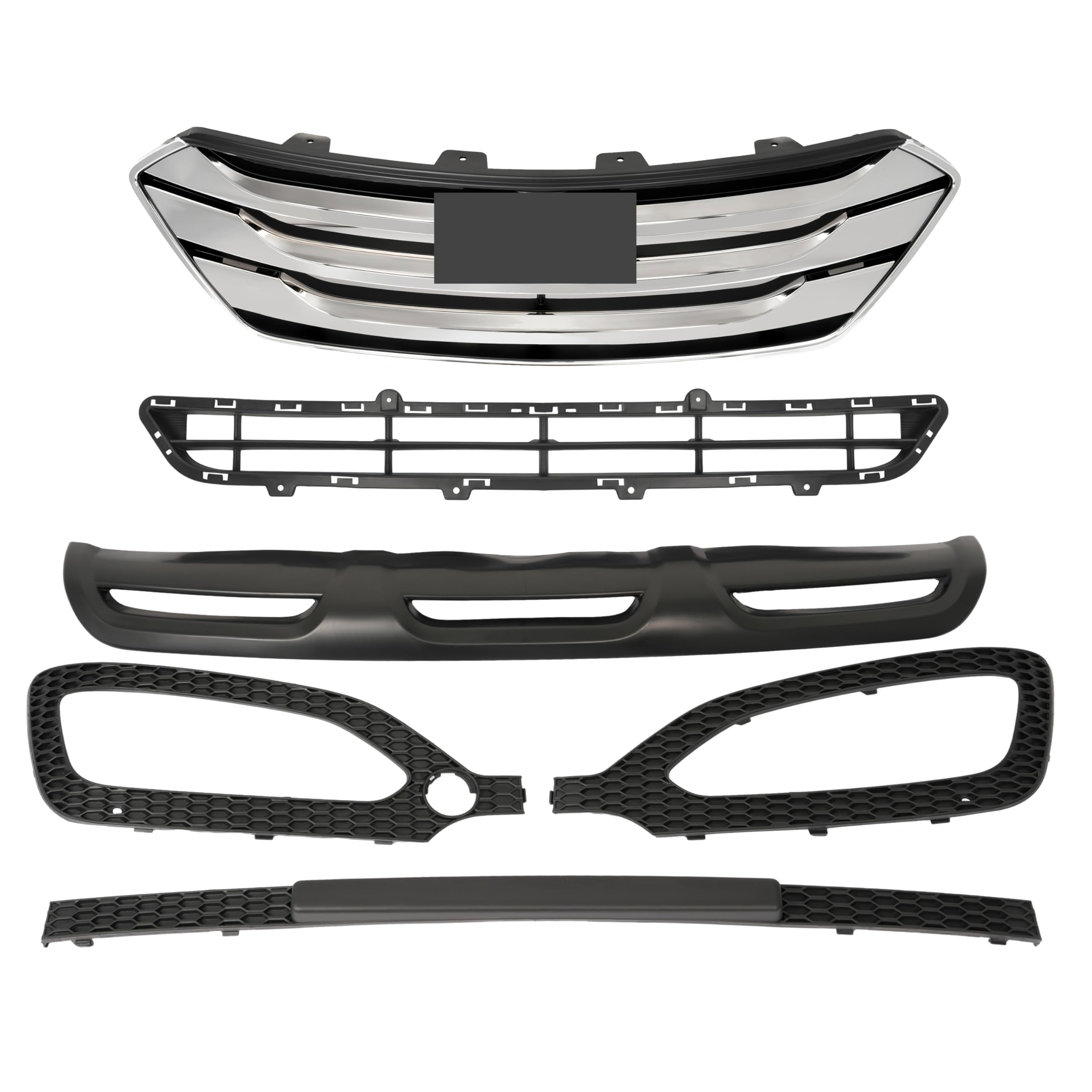 KUAFU Front Upper & Lower Grille Grill Compatible with 2013-2016 Hyundai Santa Fe Sport Replacement for HY1200163 HY1036118 W/Fog Light Bezels & Skid Plate & Grill Molding Chrome