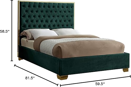 Miniatura 5 de Meridian Furniture Lana Collection Modern  Cama tapizada de terciopelo contemporáneo con detalles profundos y patas doradas, matrimonial, verde