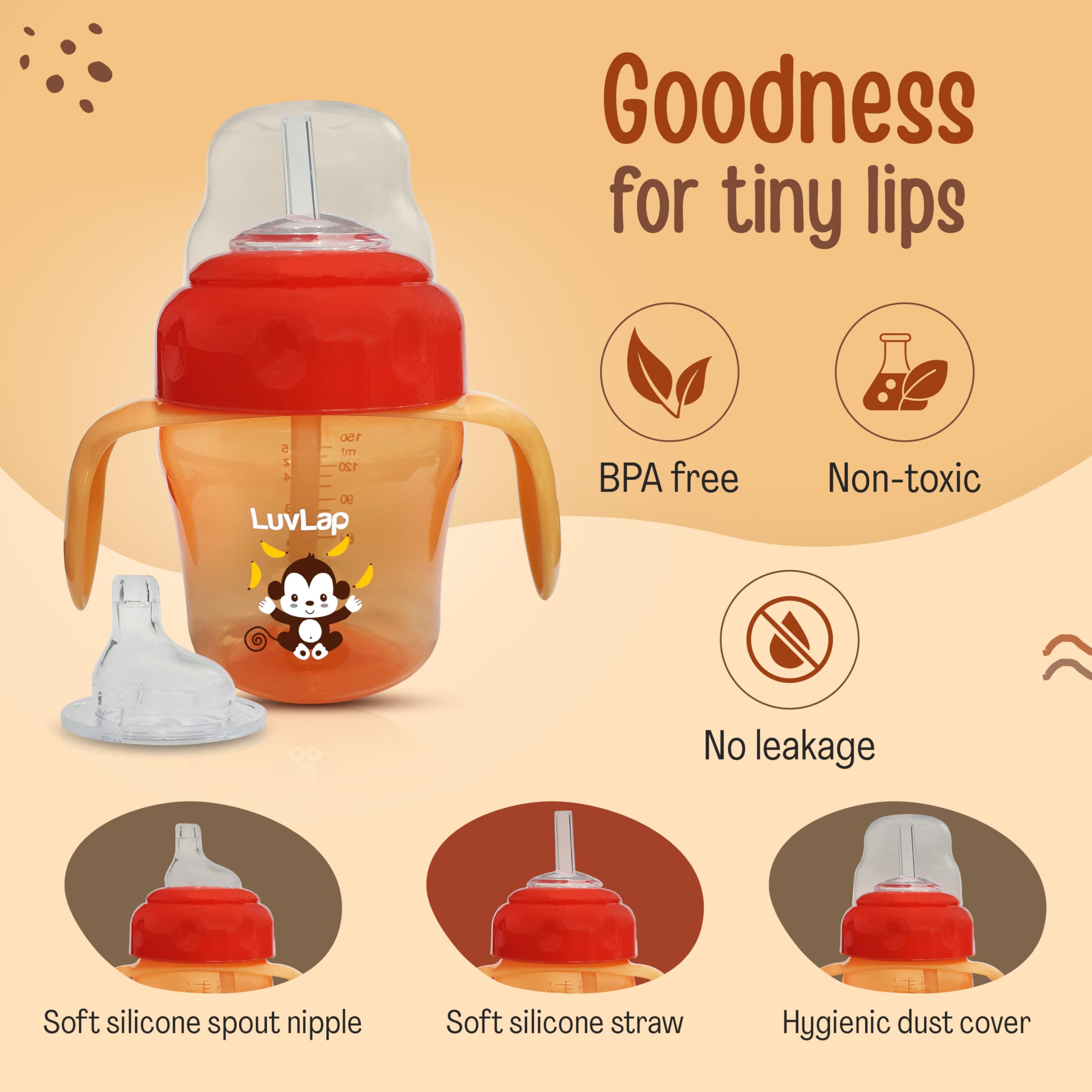 Luvlap Banana Time 150ml Anti Spill, Interchangeable Sipper / Sippy Cup with Soft Silicone Spout and Straw BPA Free, 6m+ (Orange) - Image 2 thumbnail