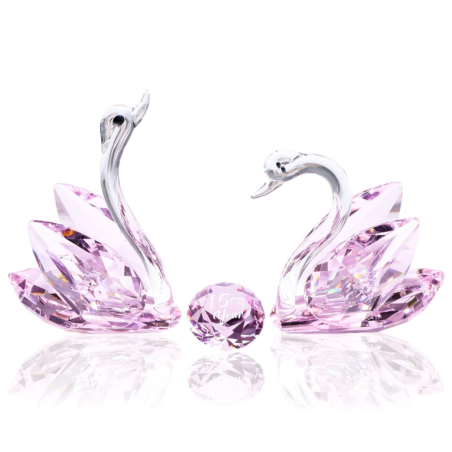 YWHL 15th Anniversary Crystal Swan Gifts for Couple, 15 Year Wedding Anniversary for Her Him, Swan Figurine with Pink Diamond, Valentines Day Present Romantic Birthday Gift for Wife Husband (Pink)