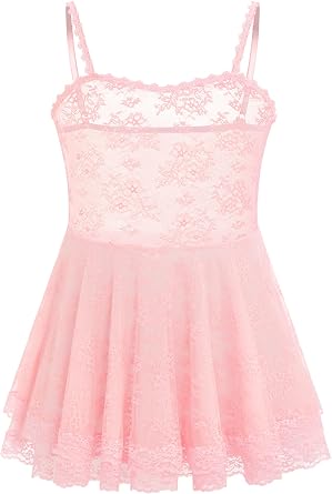 ABAFIP Mens Crossdressing Dress Sheer Lace Babydoll Cami Strap Mini Nightgown Femboy Lingerie Clothes