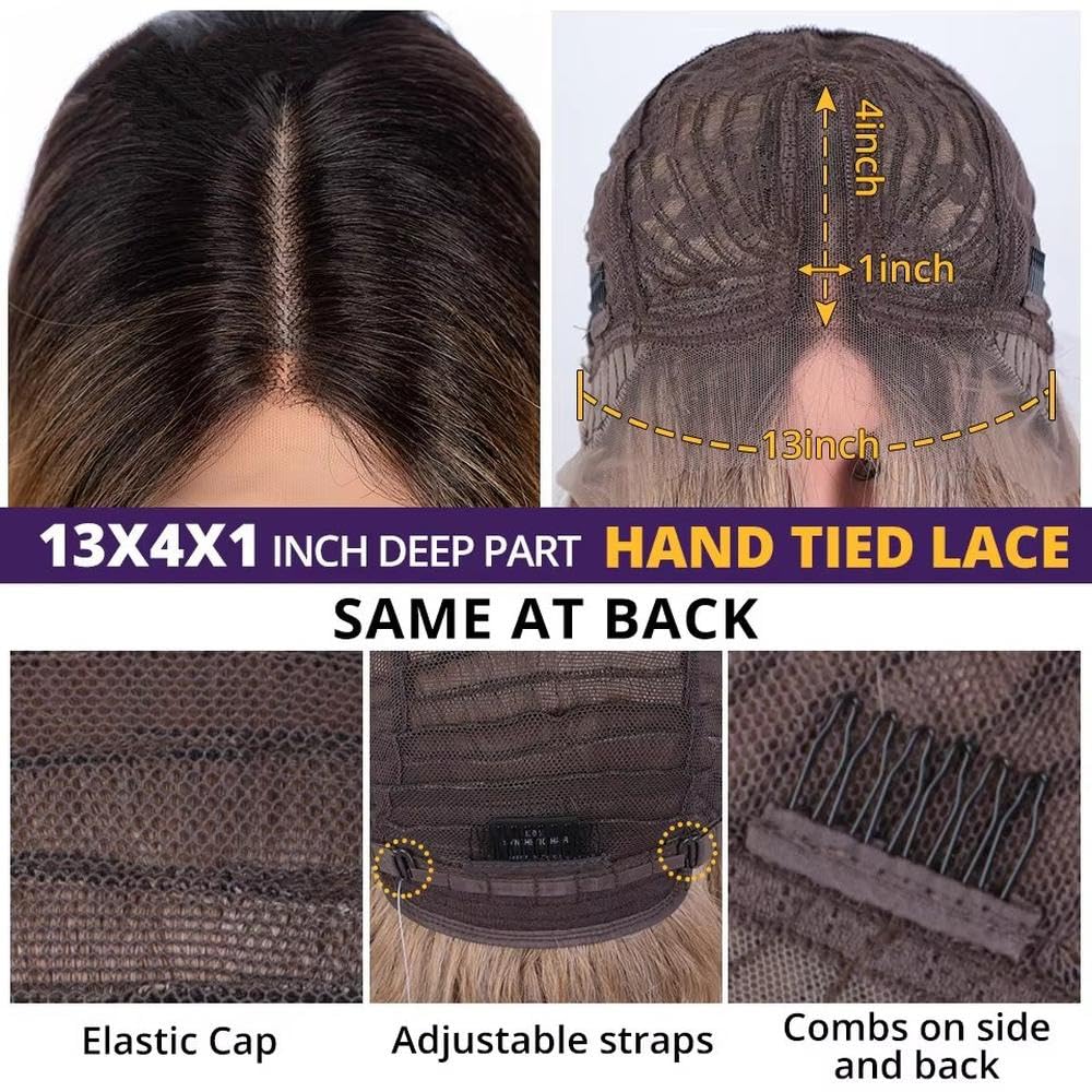 Haarpflege 26 Zoll Lange Gerade Spitze-Front-Perücke Mit Pony-Haar Ombre Schwarz Blonde Highlight Cosplay-Perücken Für Frauen(5)