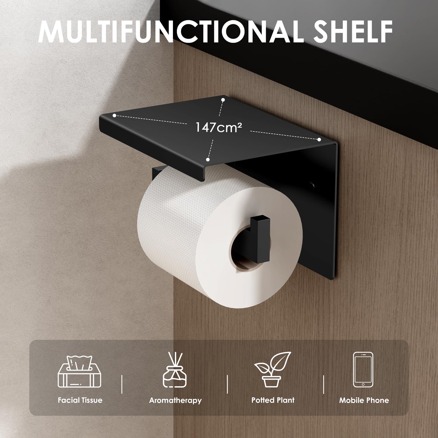 Auxmir Portarrollos Papel Higienico, Portarrollos Baño Adhesivo, Acero Inoxidable, Porta Rollos de Papel Higienico con Estante de Almacenamiento, Soporte Papel Higienico para Cocina, Baño, Negro