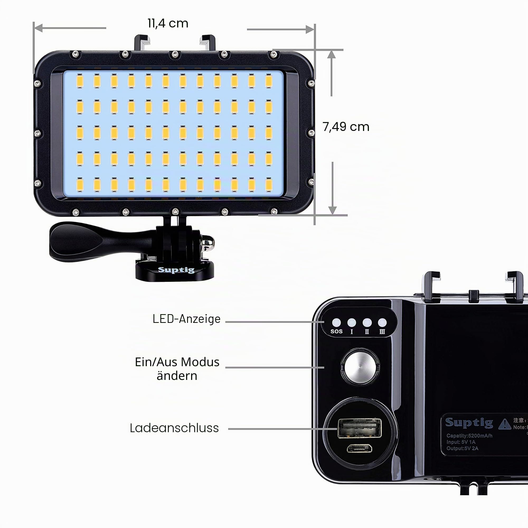 Suptig 60 LED-Videoleuchte mit 5200 mAh tragbarem Ladeakku, tragbare Beleuchtung, dimmbares Licht, kompatibel mit GoPro Hero 13 Hero 12/11/10/9/8/7/6/5/4/3/3+/2/Session/gopro max More Action cam