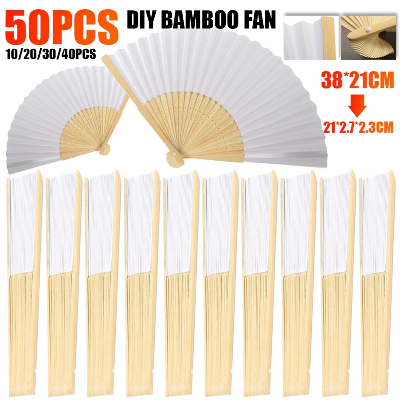 Abanico Plegable para Mujer, For caligrafía Pintura práctica Boda 1-50 Piezas(White-1pc)