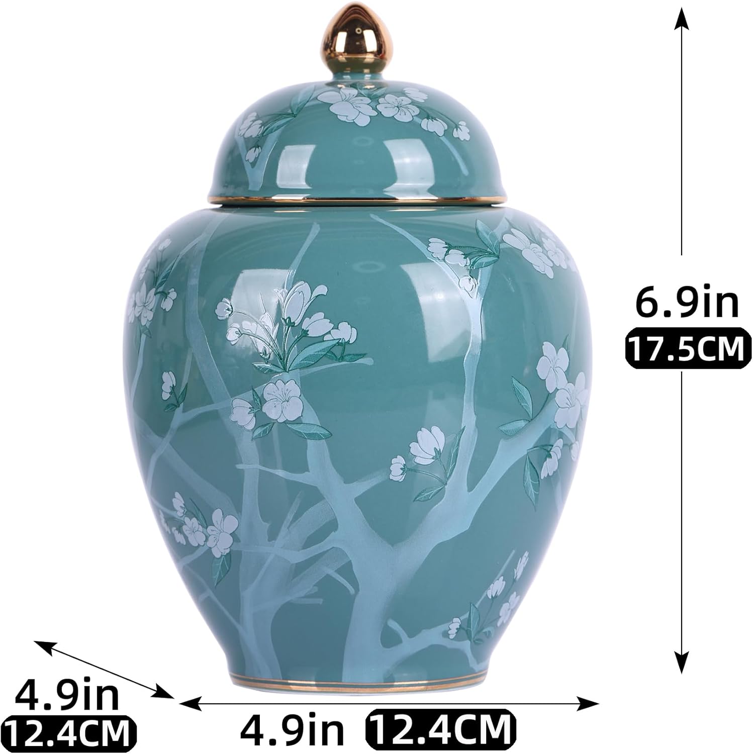 Green Pine Blossom Ceramic Jar-Blue and White Porcelain Ginger Jar, Chinoiserie Decorative Storage Jar, Multifunctional Ceramic Vase for Home Decor (Green)