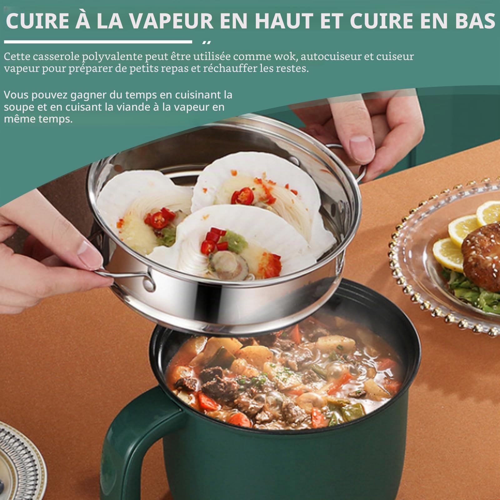 Hotpot électrique avec cuiseur à vapeur, mini multicuiseur portable anti-adhésif, pot hotpot poêle électrique multifonction, poêle à frire électrique, cuiseur de ramen rapide pour steak/nouilles/soupe