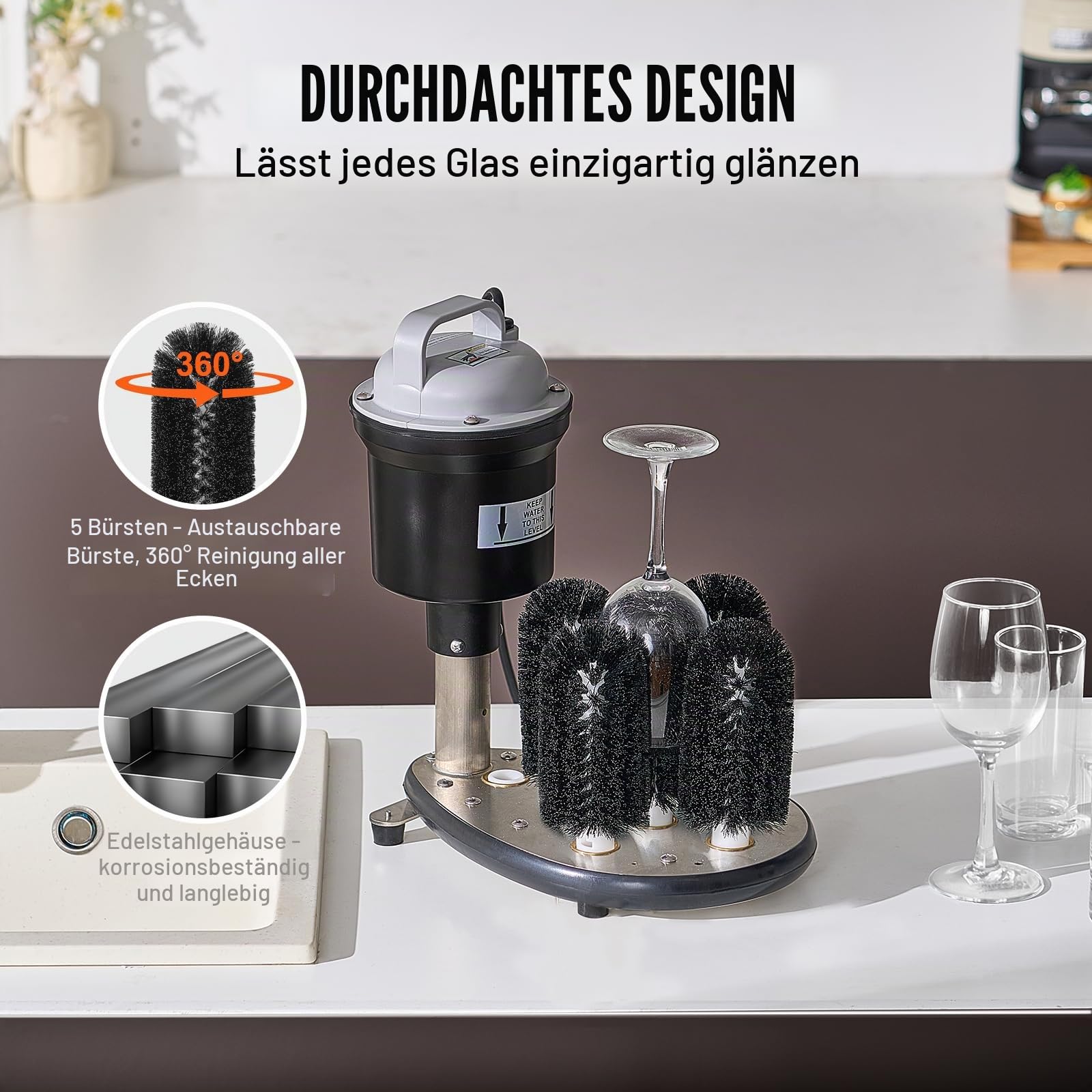 VEVOR elektrischer Gläserspüler Glasreiniger mit 5 Bürsten für Bars, 1200 Tassen/h Weinglas-Reinigungsmaschine, Gläserspülmaschine für Sektgläser Bierkrüge Becher, perfekt für Bars Cafés