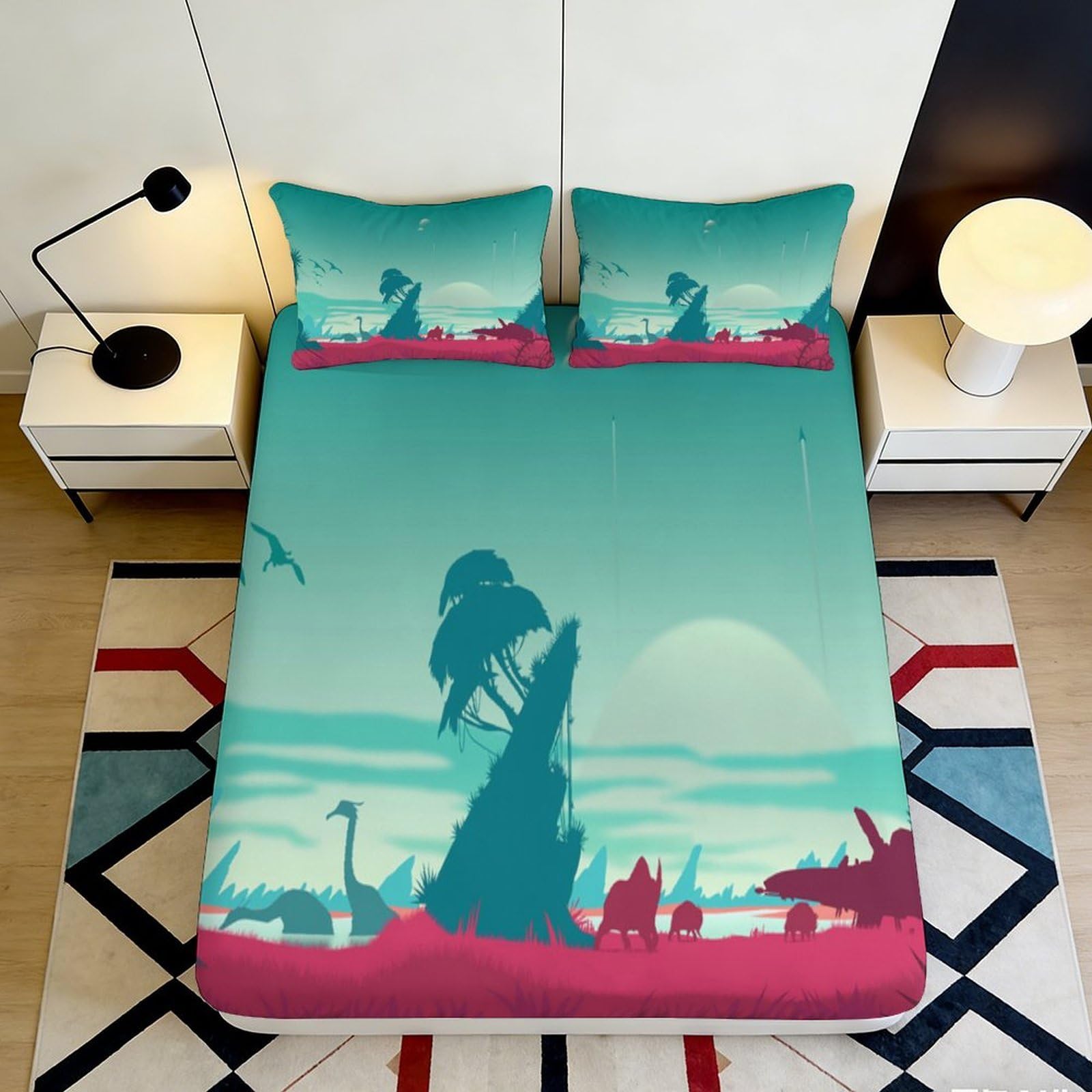 3D Printed Dinosaur Landscape Fitted Sheet Microfiber Soft Breathable Prehistoric Forest Bed Cover for Bedroom Decor 90x200x25cm
