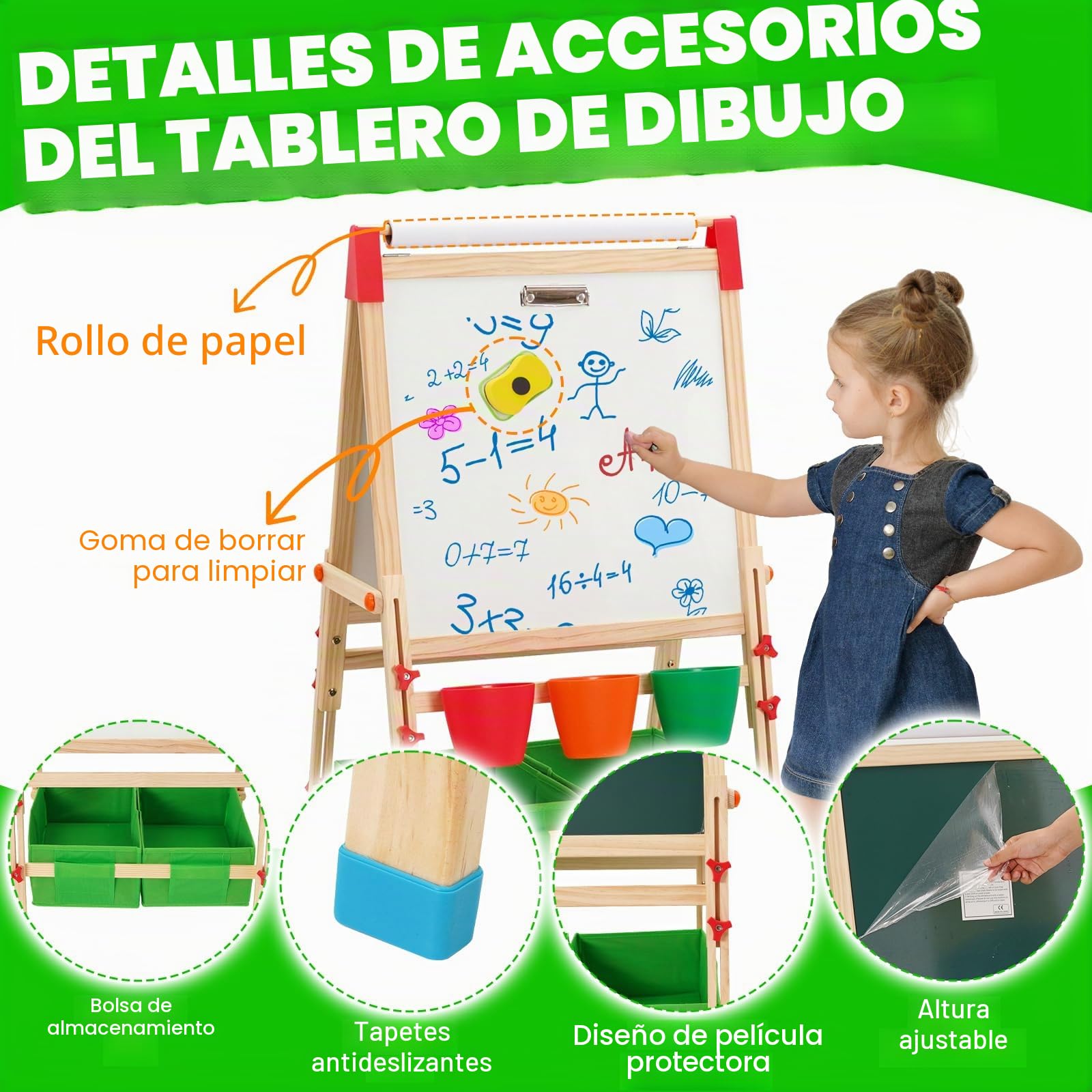 Caballete para Niños 3en1,Caballete Pintura Niños de Altura Ajustable. Pizarra para Niños con Rollo de Papel,Pinceles, Números y Letras,Bolsa de Almacenamiento.Regalos para kids Mayores de 3 Años