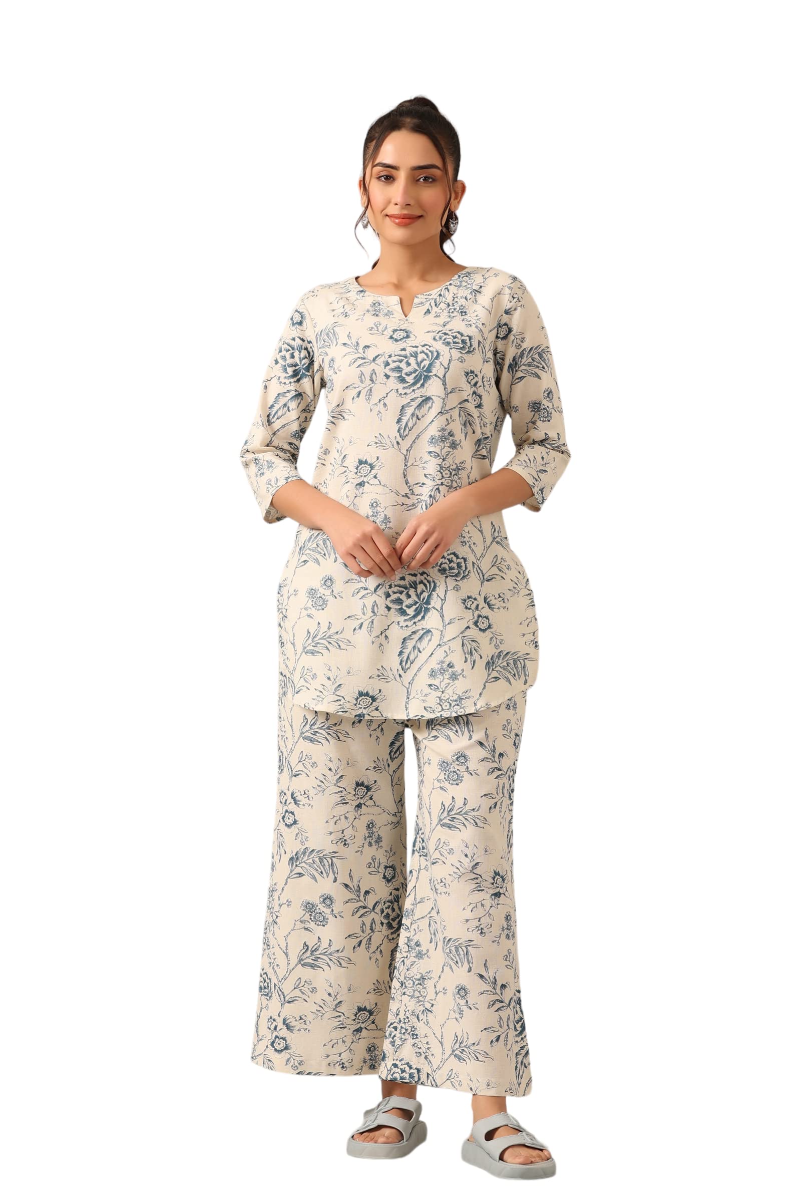 jisora Women's Organic Printed Pure Cotton Pyjama Top Night Suit Set (White)-picture-33