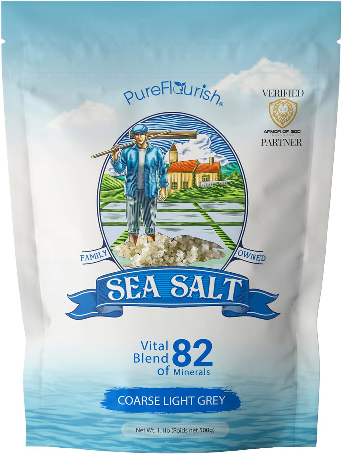 Coarse Sea Salt 1.1 LB | Certified French Harvest & Import | Organic & Unrefined | Rich in 82 Essential Minerals | Hand Harvested Light Grey Coarse Salt Crystals from France