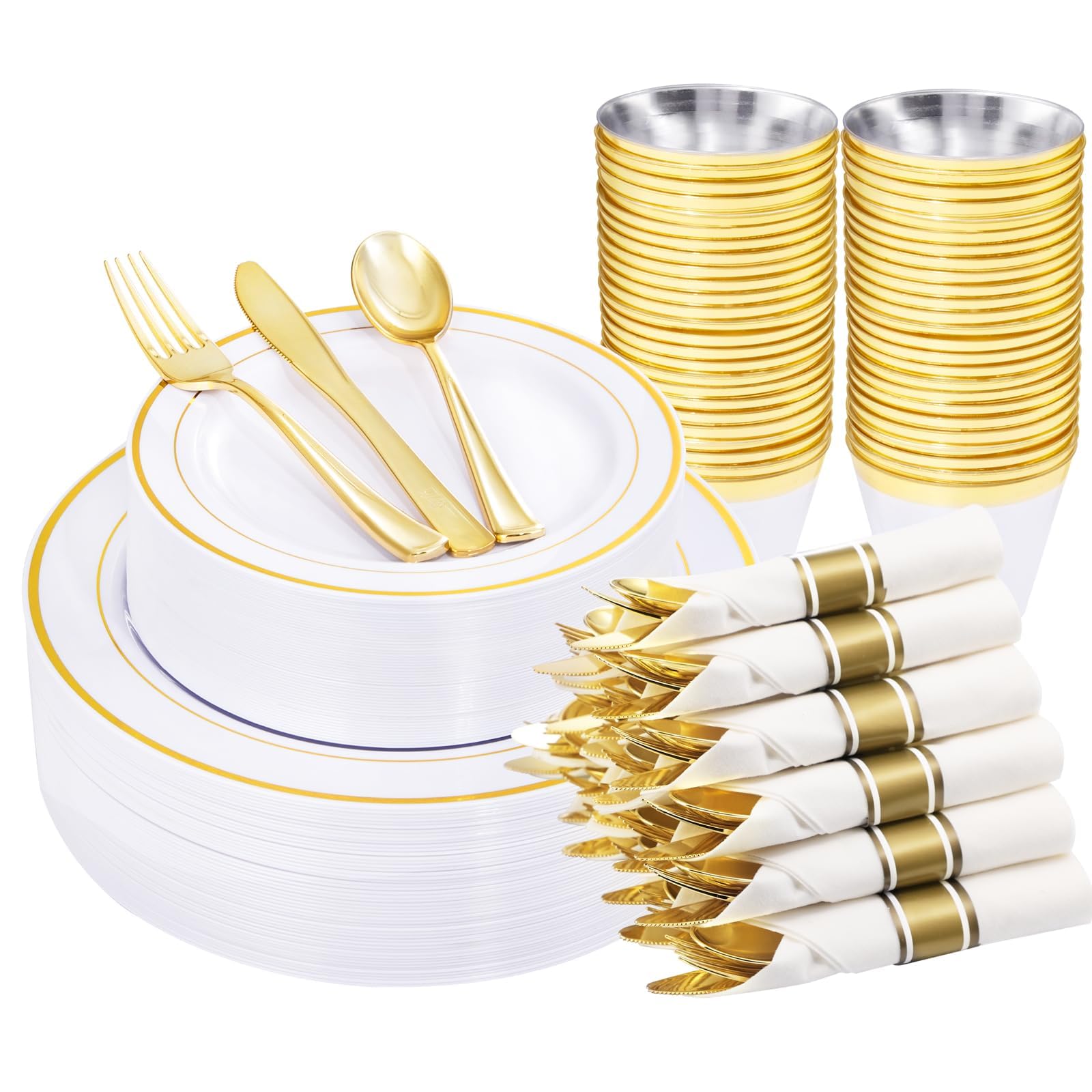 WELLIFE 210 Piece Gold Plastic Dinnerware Set, Include: 30 Dinner Plates, 30 Dessert Plates, 30 Pre Rolled Napkins with Silverware and 30 Cups