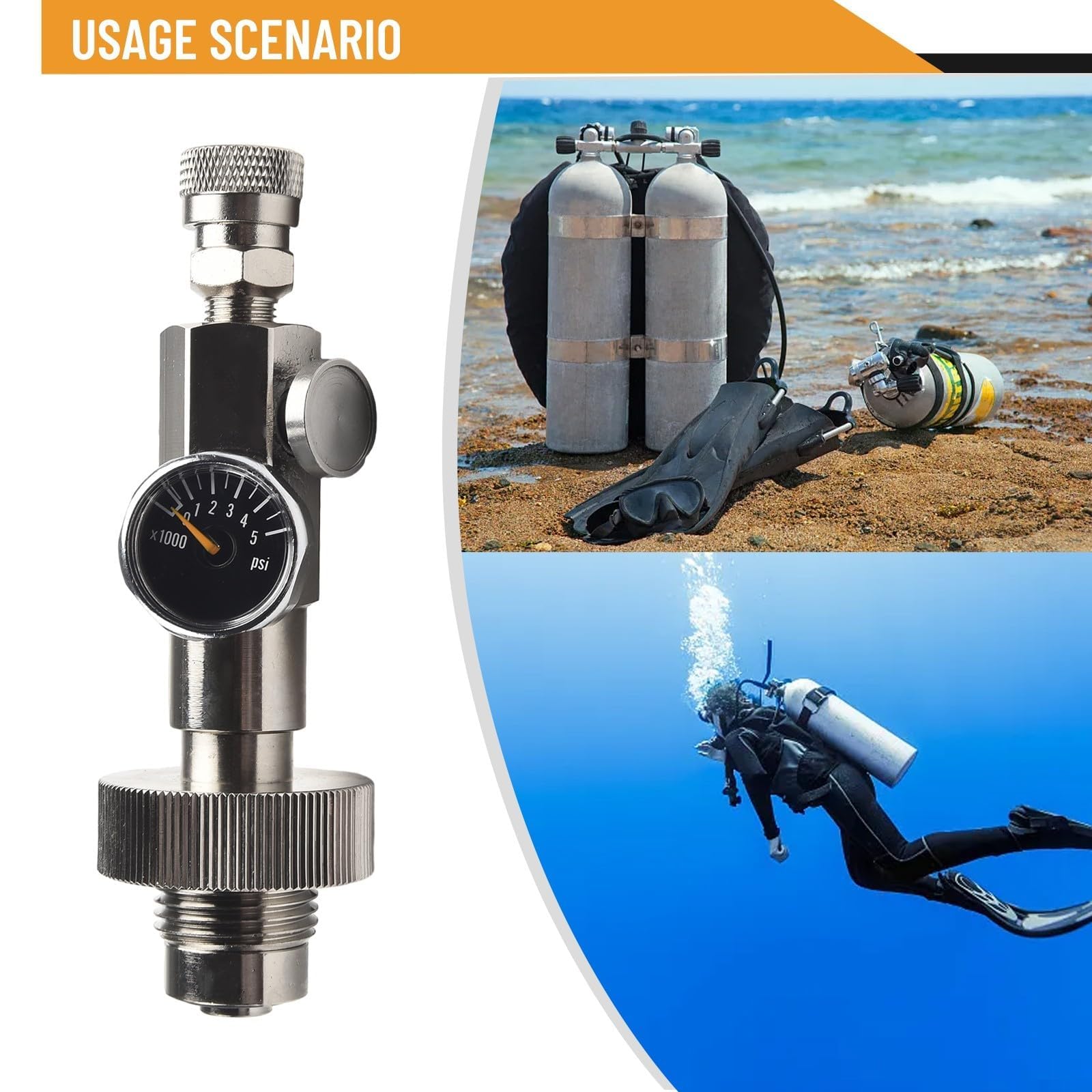4500 Psi HPA Scuba DIN-Füllstation-Adapter mit Manometer, 8 mm Schnelltrennung für G5/8-Ladeventil