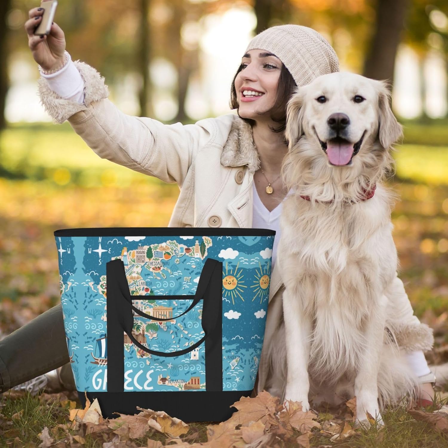 Greece Map Print Large Cooler Bag Tote Bag,Reusable Grocery Bag,Lunch Box Bag, For Picnic Beach Camping