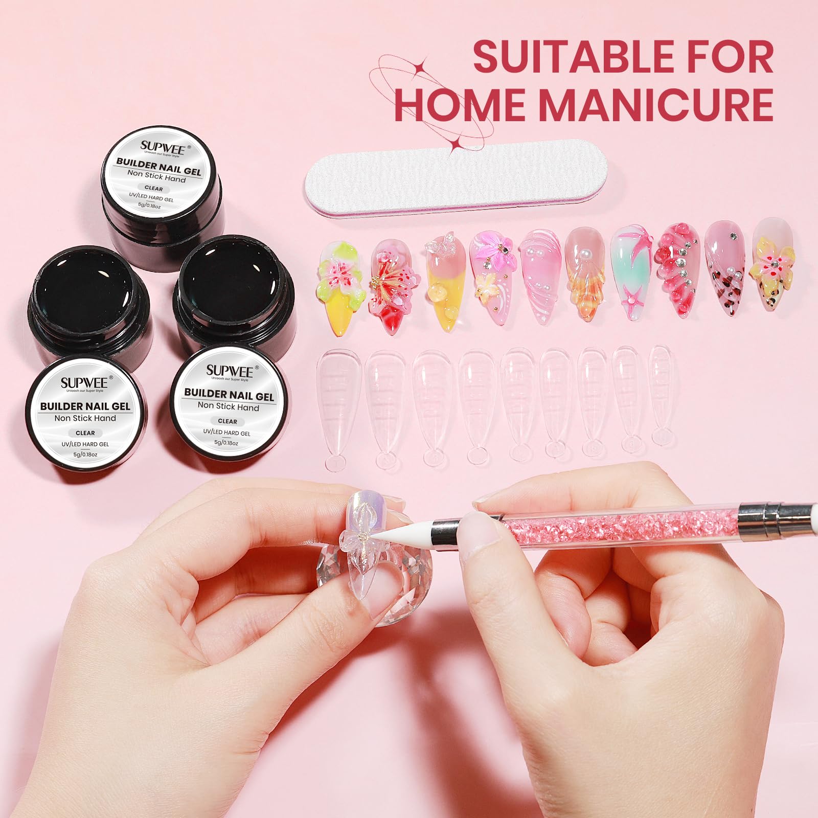 SUPWEE Clear 3D Gel Nail Art, 3 sztuki solidnych żelów do paznokci z silikonowym pisakiem, żel 3D do rzeźbienia paznokci i dekoracji, do domu, salonu DIY, 5 g