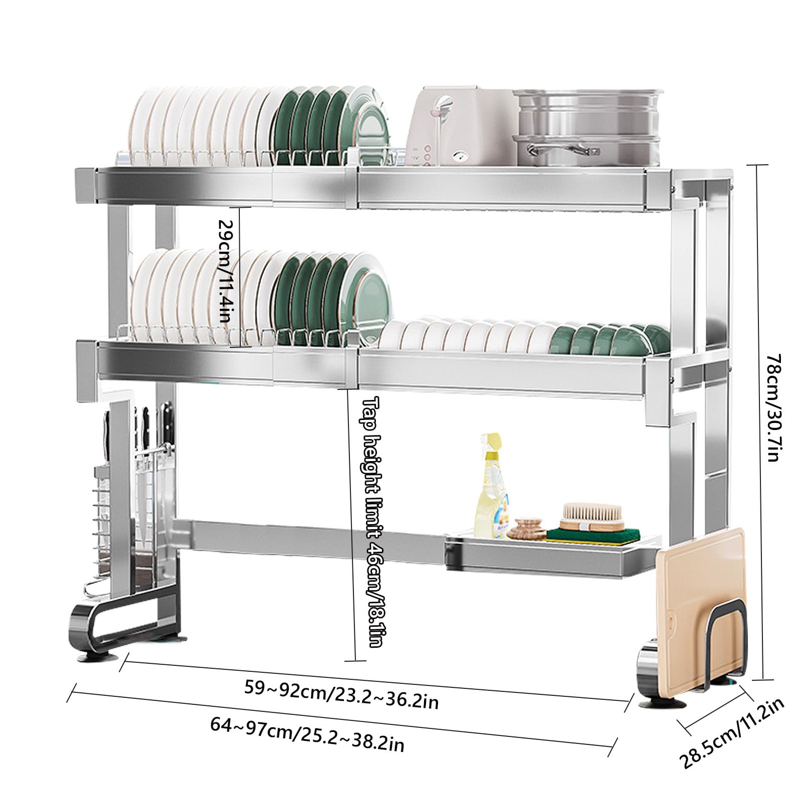 Escurridor de platos sobre el fregadero, estante de 3 niveles ajustable (25,2 a 97 cm) con soporte para esponja para utensilios para organización de encimera de cocina, color plateado