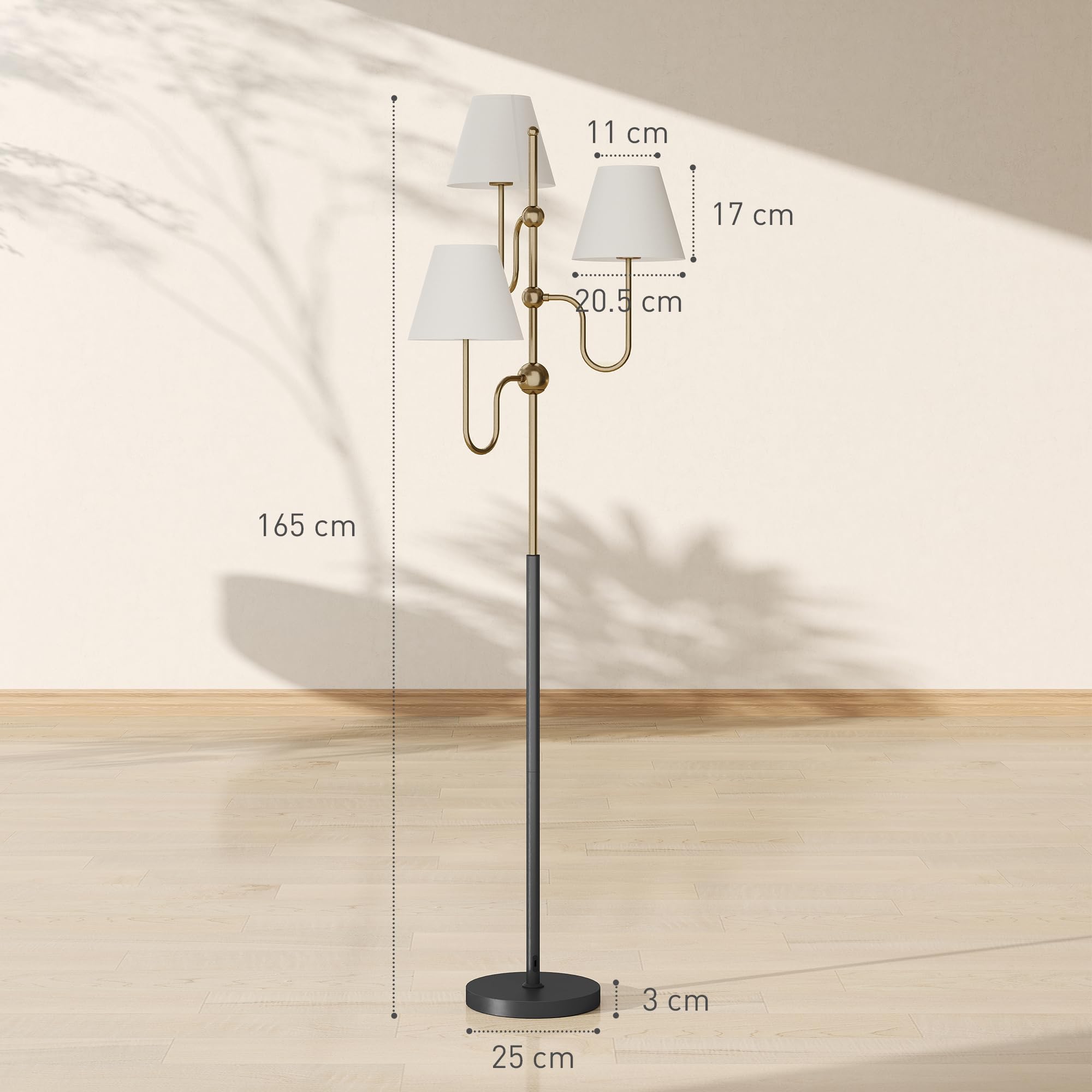 HOMCOM Lampada da Terra Alta 165 cm 3 Luci Attacco E27 Max 40W Color Oro | Lampada da Pavimento, Interruttore a Pedale, per Camera e Ufficio