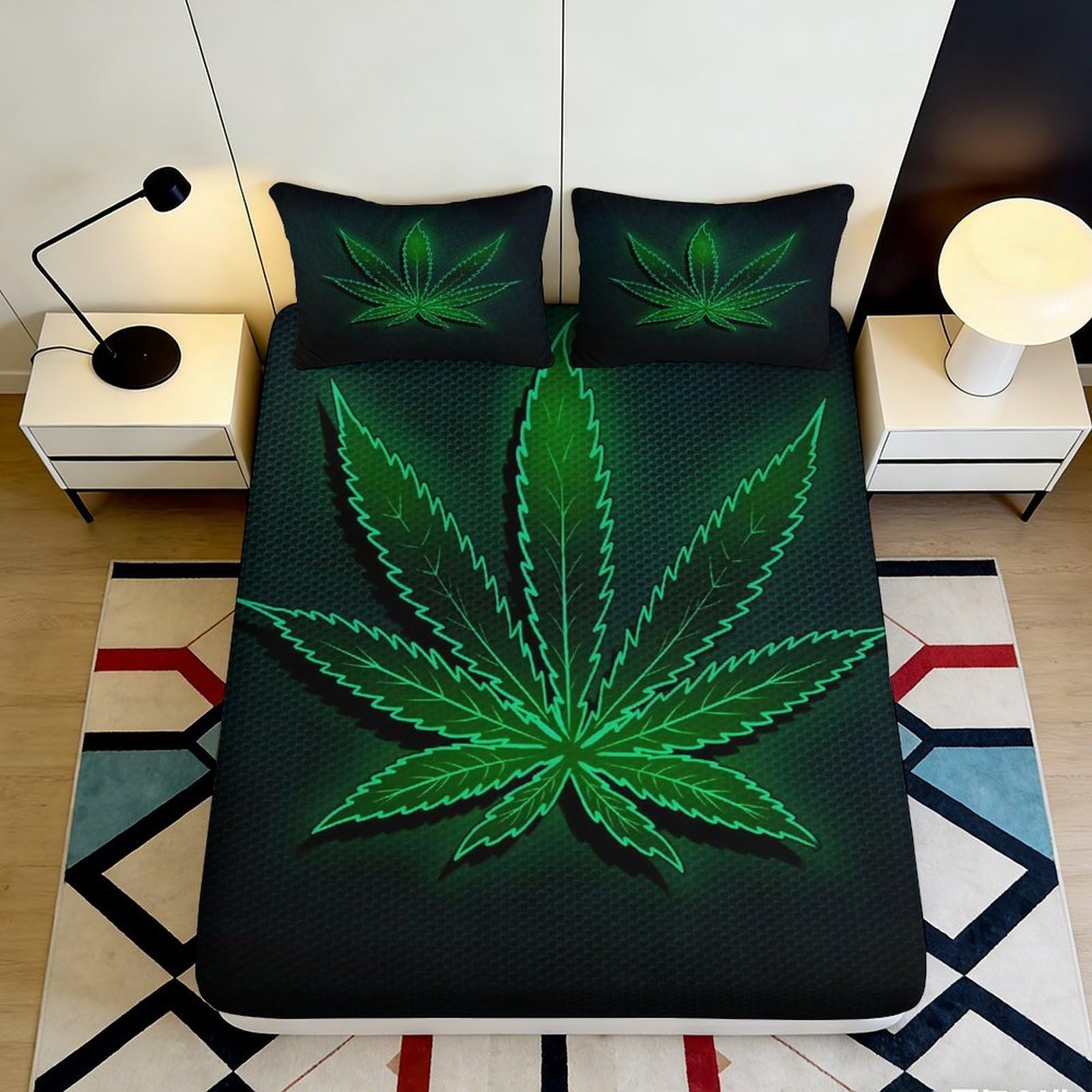 3D Printed Green Cannabis Leaf Fitted Sheet Microfiber Soft Breathable Marijuana Bed Cover for Bedroom Dorm Decor Mattress Protection 90x200x25cm