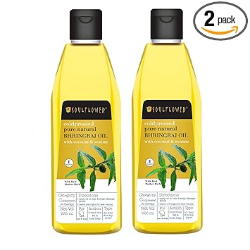 Soulflower Bhringraj Hair Oil for Cooling Scalp, Control Hair Fall, Hair Follicles - 100% Pure, Organic, Herbal, Natural Cold pressed Oil - Pack of 2