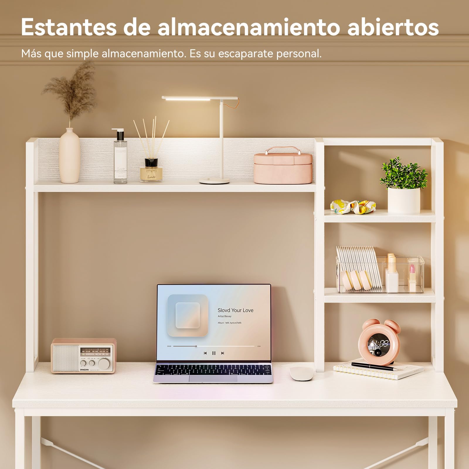 Coleshome Escritorio con Estantería, 100x40, Blanco | Mesa Ordenador, Pequeño Escritorio con Estante Mesa Oficina para Oficina, Estudio y Dormitorio