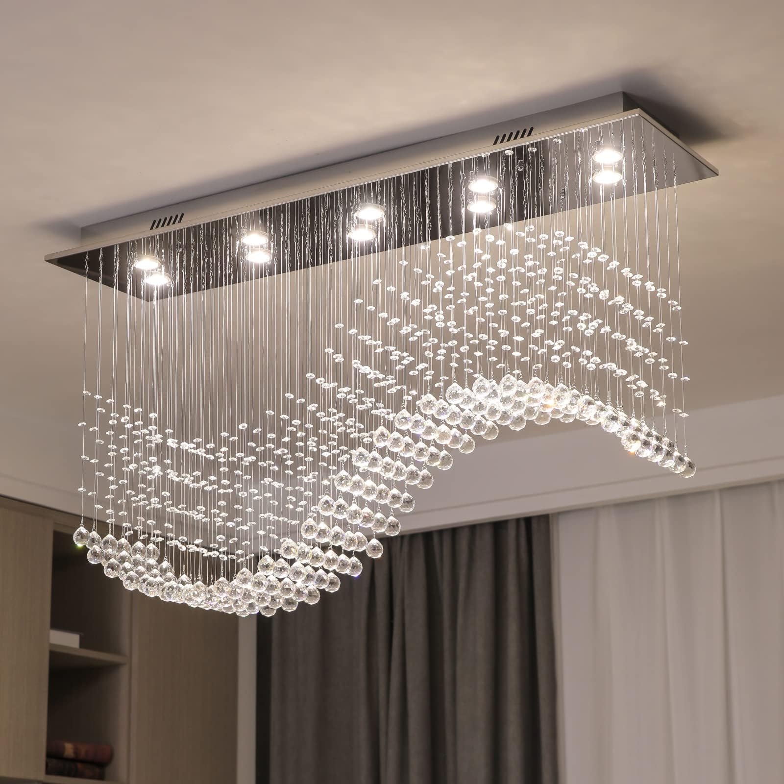 Modern Crystal Chandeliers, 12-Light Rectangular K9 Crystal Wave Raindrop Chandelier, Dimmable Rectangle Flush Mount Crystal Ceiling Light for Dining Room Kitchen Island L47 Inch