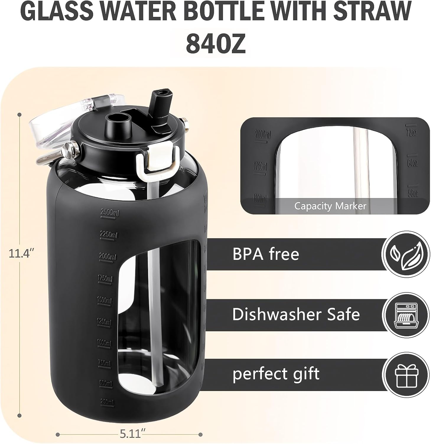 BLUEGO 84oz Water Bottle Glass with Stainless Steel Handle Large 2.5l Water Bottle with Time Markers and Silicone Sleeve Half Gallon Water Jug BPA Free for Gym Daily Use, Black - Image 2