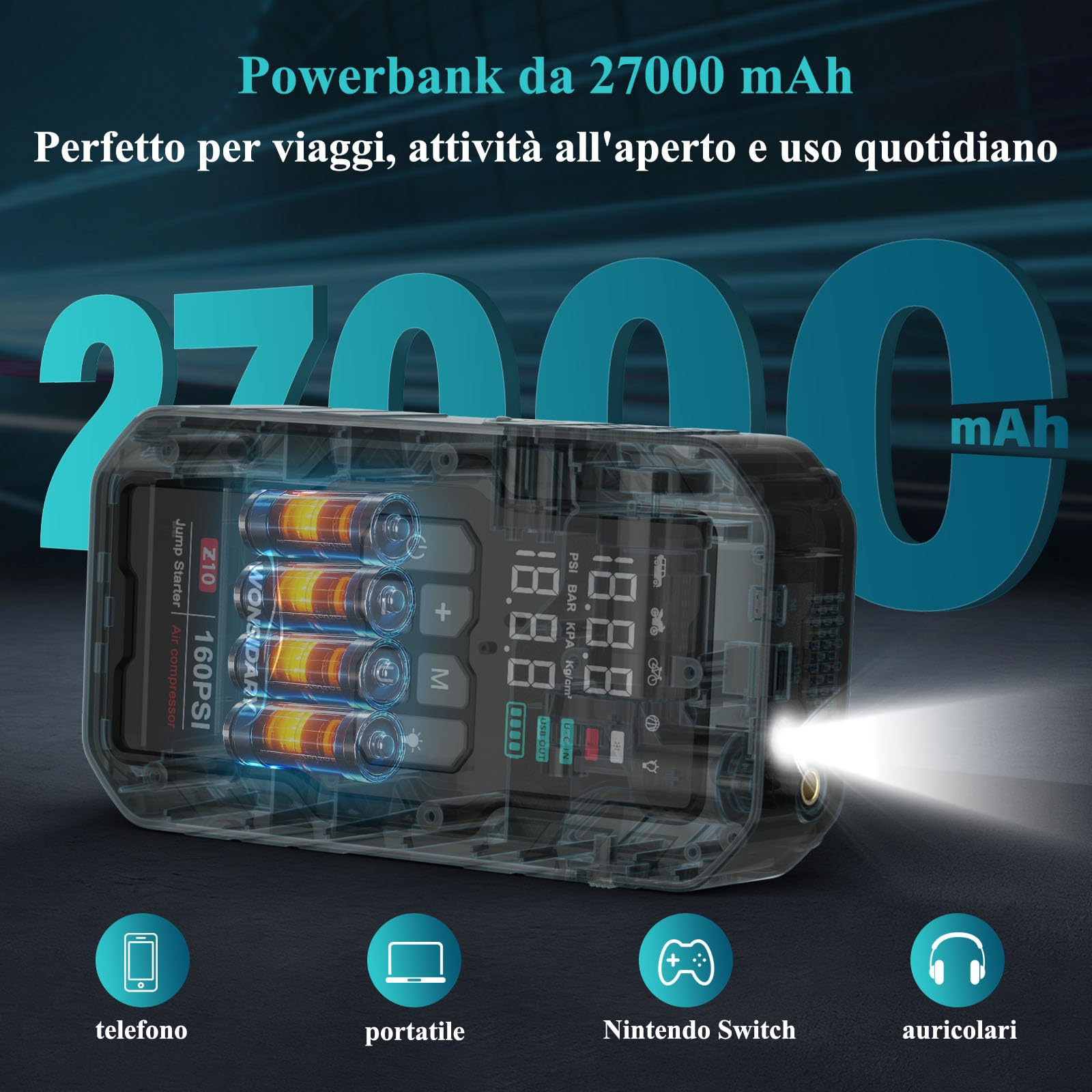 Booster Avviamento Auto 7000A con Compressore 160 PSI, 27000 mAh, Avviatore di Emergenza per Auto 12V Benzina & fino a 8.0L Diesel,600 Lumen LED, Kit di Emergenza Portatile per Viaggi