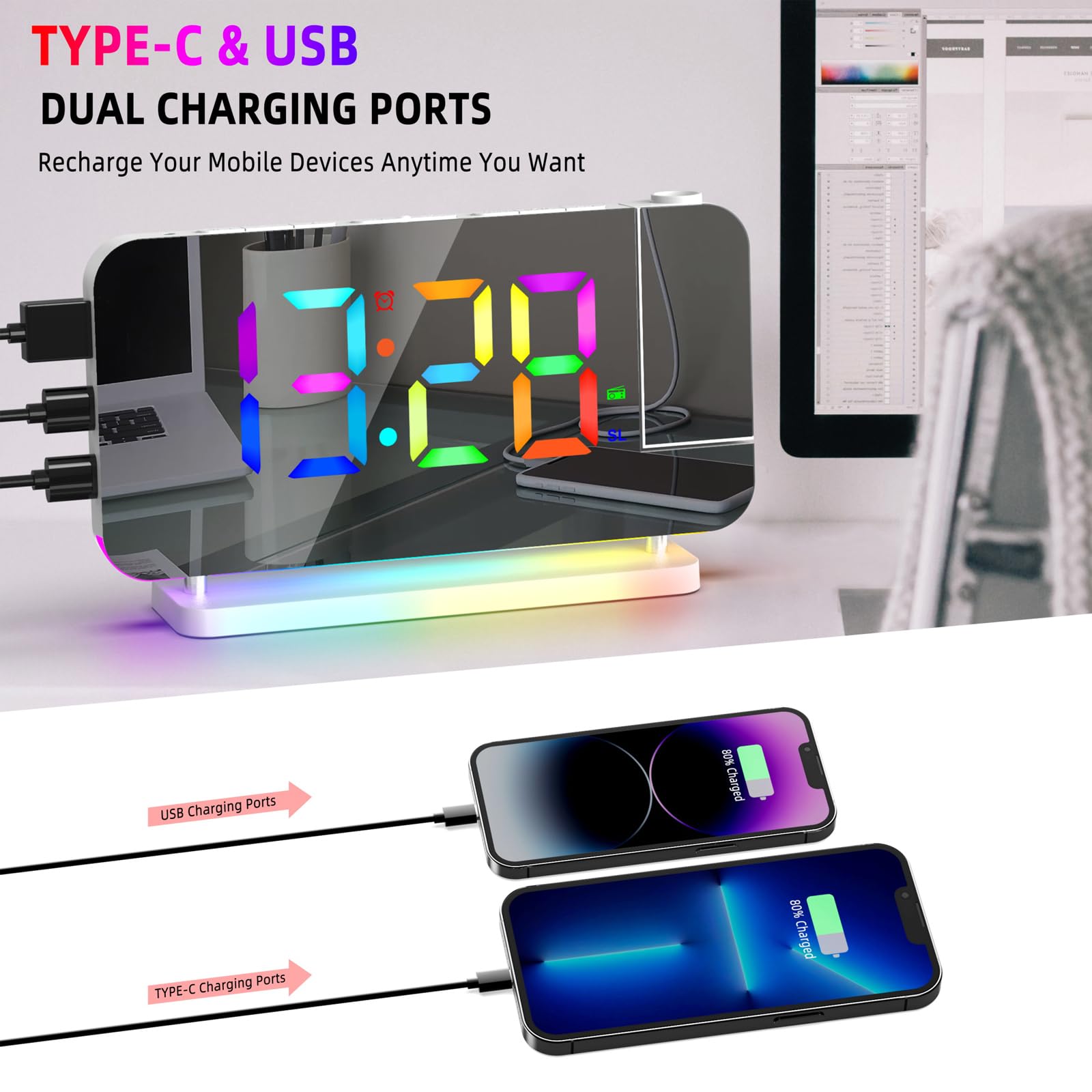 Radiosveglia Digitale con Proiezione e FM 6 Livelli Luminosità Schermo 4 Proiezione Snooze