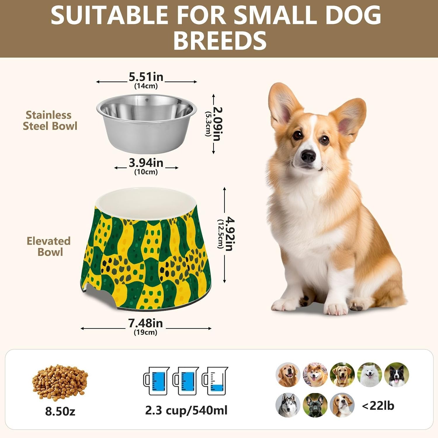 Green Yellow Geometric Pets Food Bowls Enhanced Stainless Steel Cats Food Dish for Slow Feed Dogs Whisker Friendly