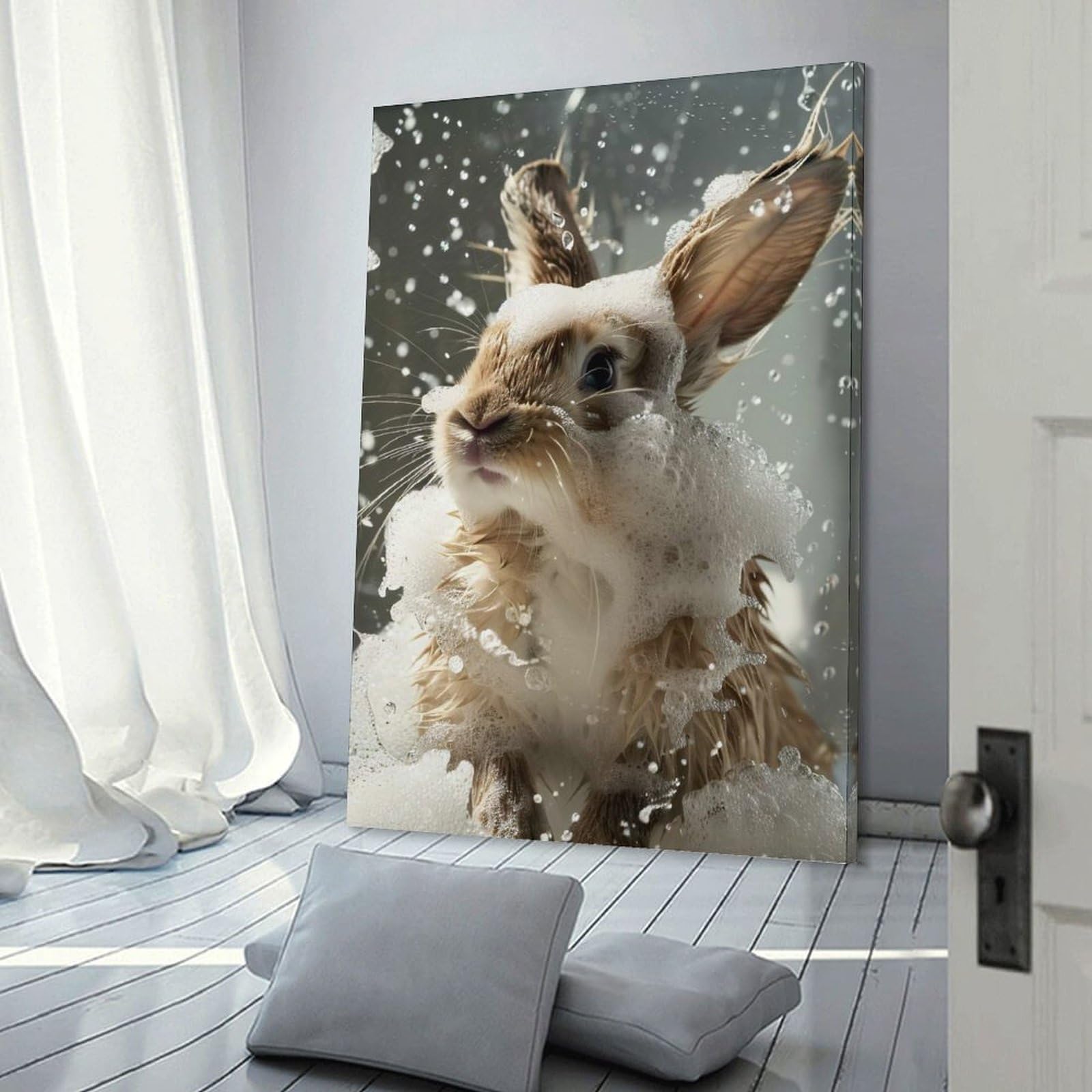 Junmoney Frame-Style-7 Bunny Bath Time Room Decor Wall Art 24X36inch(60X90cm), For Entrance Spaces, Stair Walls Or Halls, A Neat Decor Update For Hallways