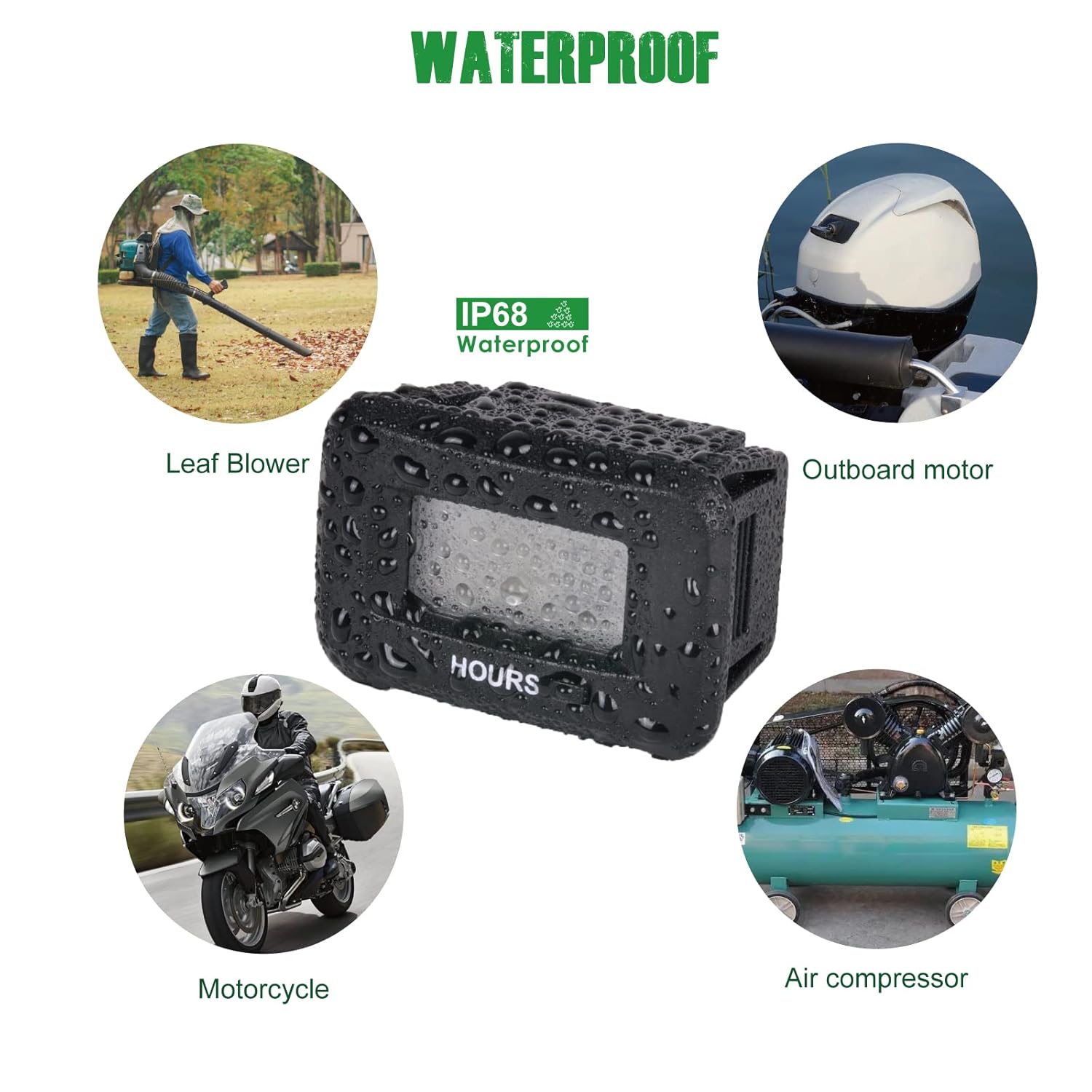 Waterproof hour meter surrounded by images of a leaf blower, outboard motor, motorcycle, and air compressor
