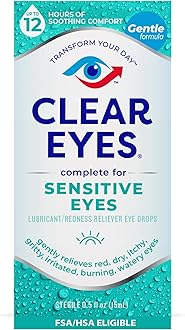 Clear Eyes Sensitive Eyes Eye Drops – Gentle Relief for Red, Itchy, Dry Eyes, 12 Hours of Soothing Comfort, 0.5 Fl Oz