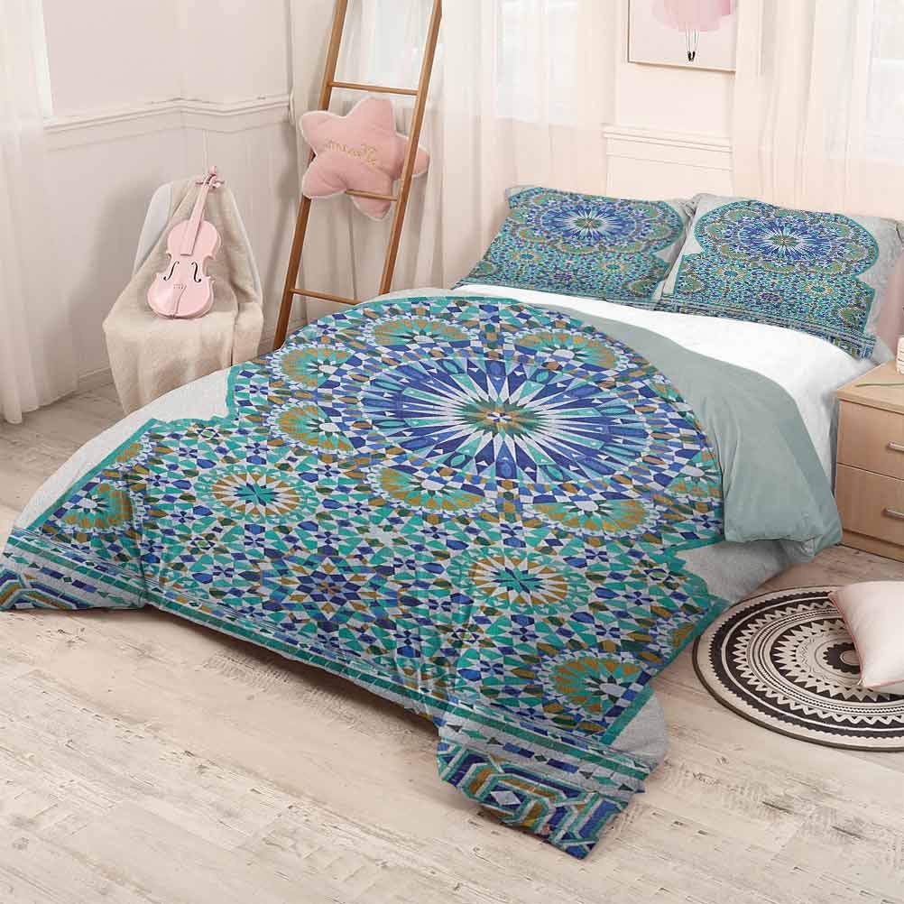 prunushome Moroccan Bedding Duvet CoverCeramic Tile Antique East Pattern Heritage Architecture Print Good Choice as a Gift Blue Turquoise Pale Coffee 104x90in/20x35inx2