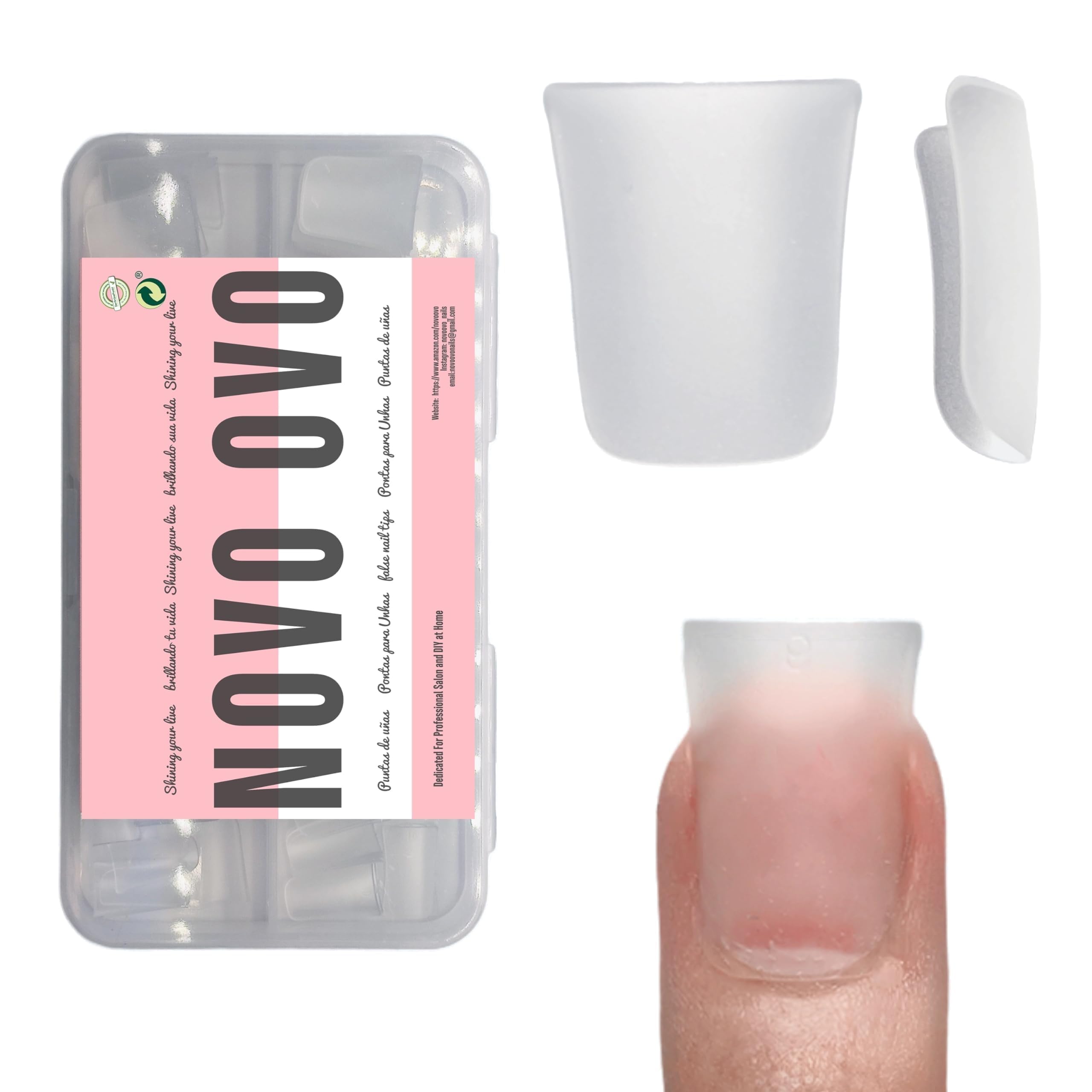 NOVO OVO Duck Nail Tips Extra Short Full Cover Press on, Pre-etched for Acrylic Design, Clear Pre-applied Tip Primer Soft Gel Y2K Flare Fake False