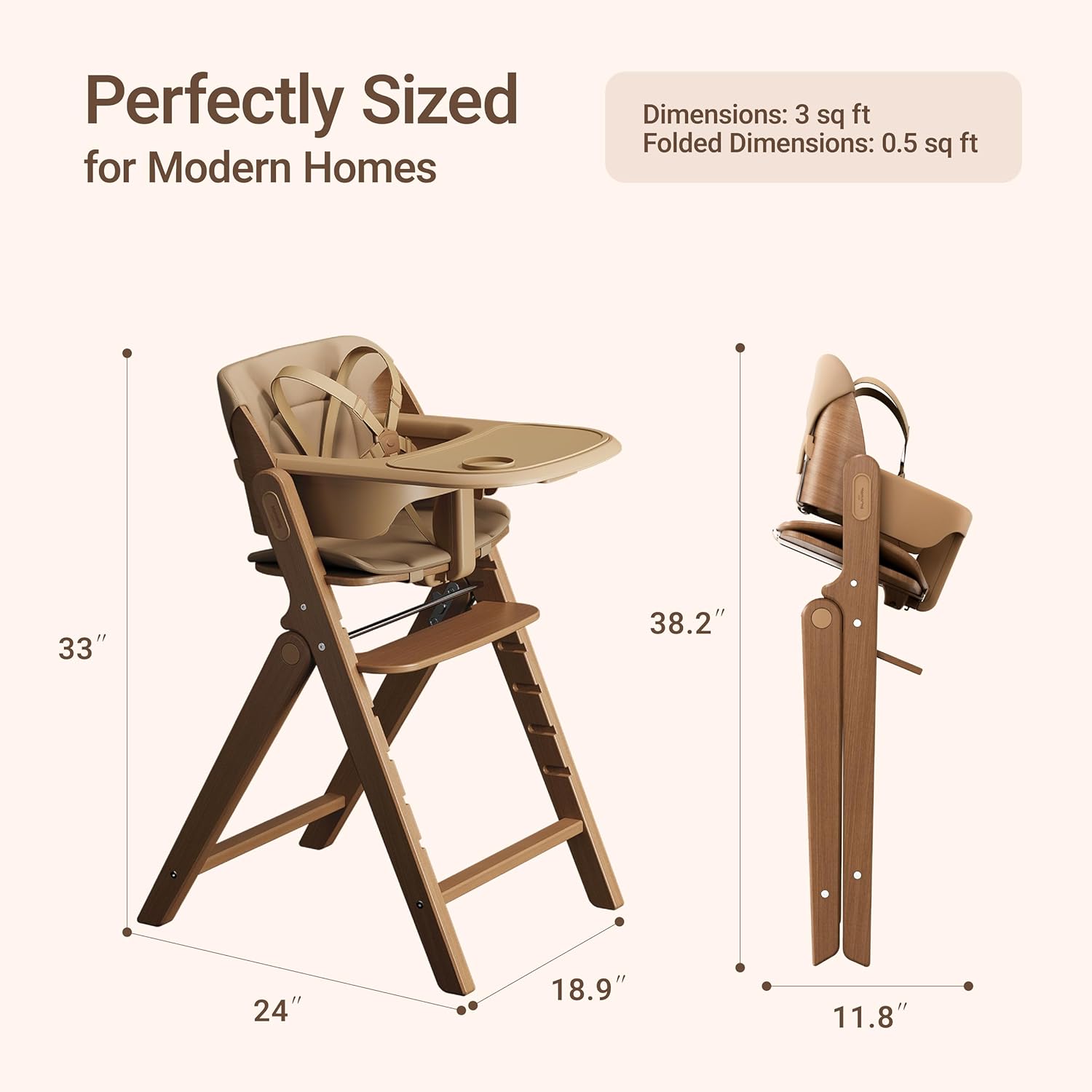 Mamazing GrowPod Pro Wooden Baby High Chair for 6 Months to 300lbs, Easy to Clean with Tray, Compact Foldable Highchair for Kitchen & Dining Room, with 5-Point Safety Harnesses and Guard Bar