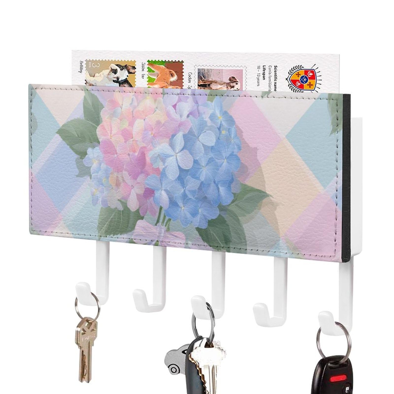 Jubonexis Hydrangea Bouquet Pastel Pink Blue Green Flower Wall Mount with 5 Hooks Acrylic Key Rack for Home Office Entryway