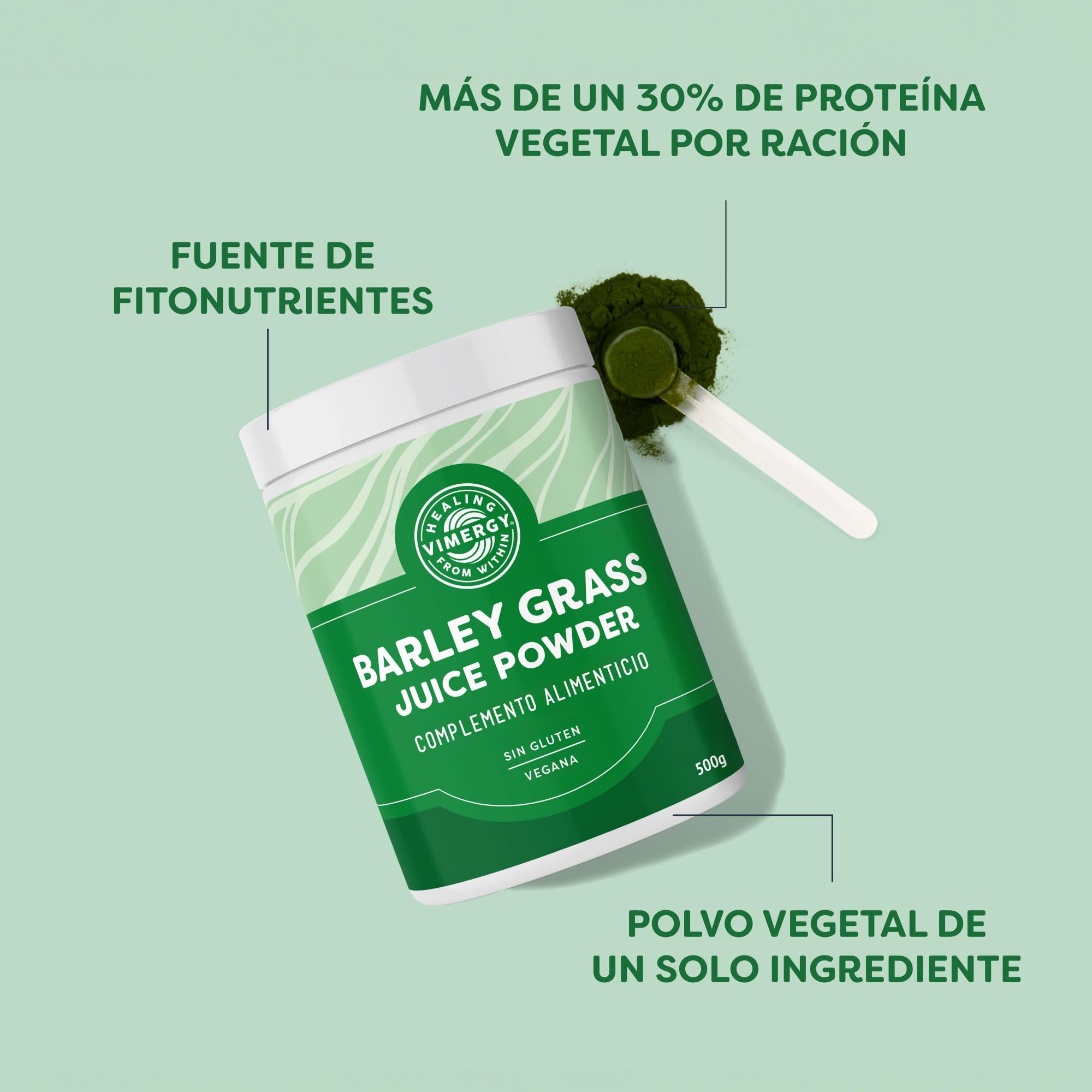 Vimergy Barley Grass Juice Powder – 500g, 125 Dosis – Jugo de Hierba de Cebada en Polvo – Suplemento Vegano – Fórmula sin Agentes Antiaglomerantes, Rellenos, Saborizantes ni Azúcar – Sin OMG ni Gluten